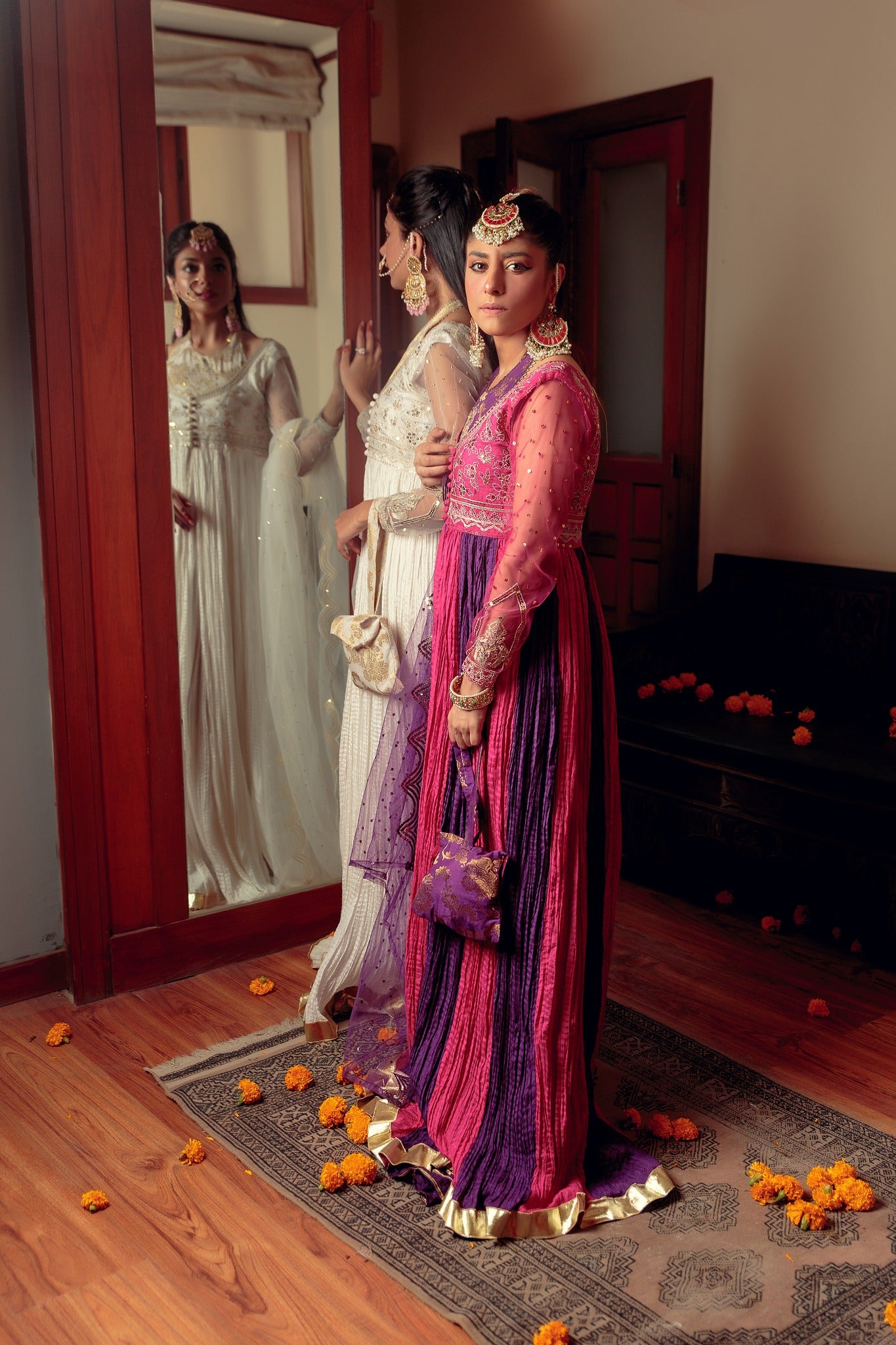 Pakistani Purple & Pink Embroidered Cotton Silk Peshwas (5-Piece) - Image 12