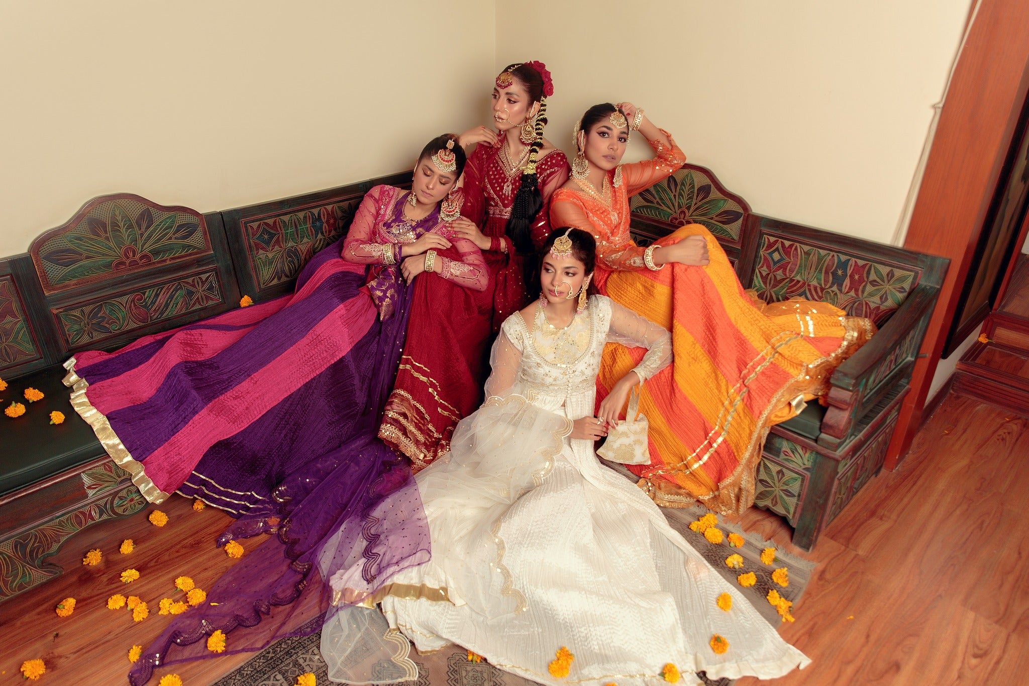 Pakistani Purple & Pink Embroidered Cotton Silk Peshwas (5-Piece) - Image 13