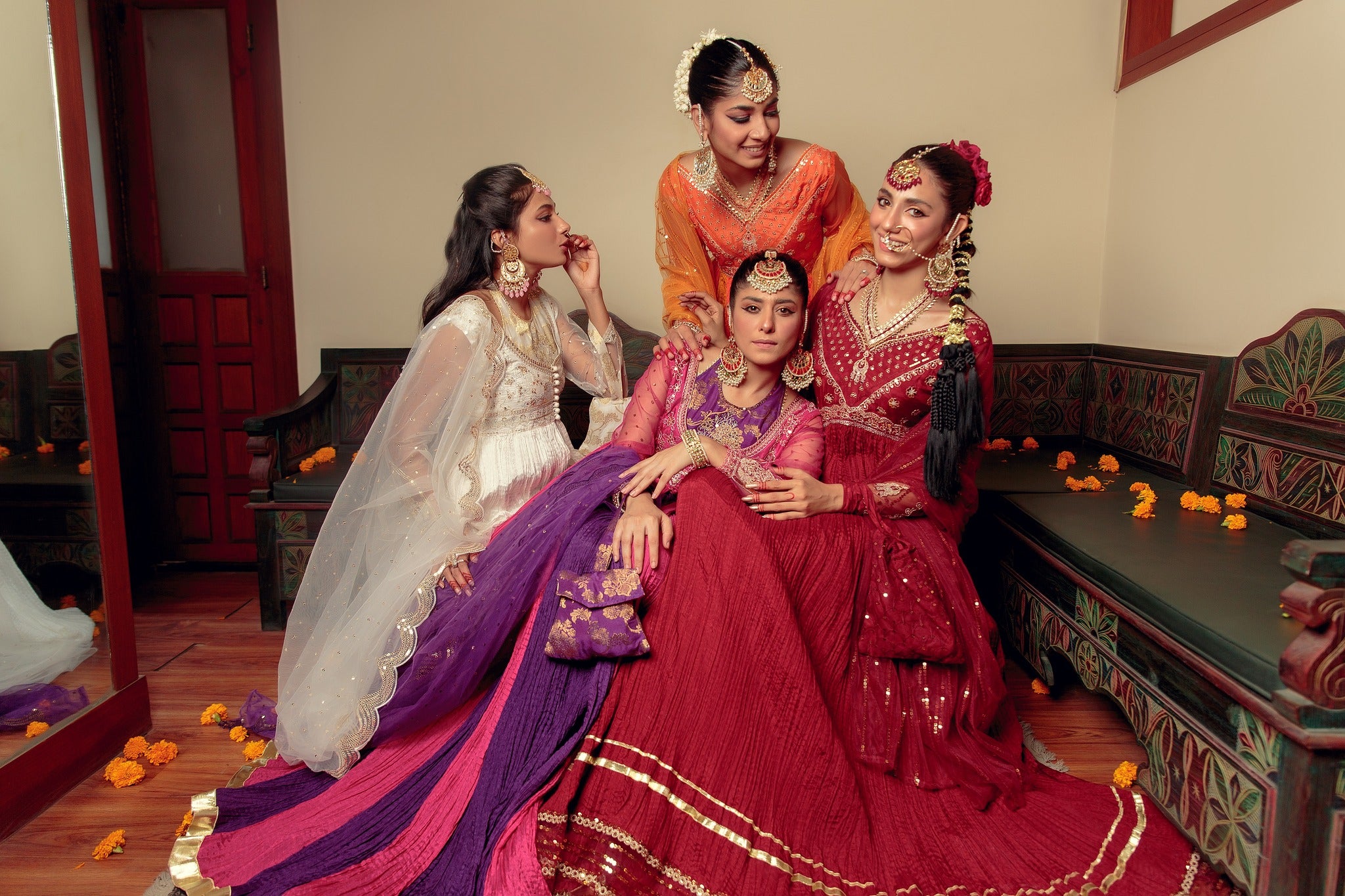 Pakistani Purple & Pink Embroidered Cotton Silk Peshwas (5-Piece) - Image 14