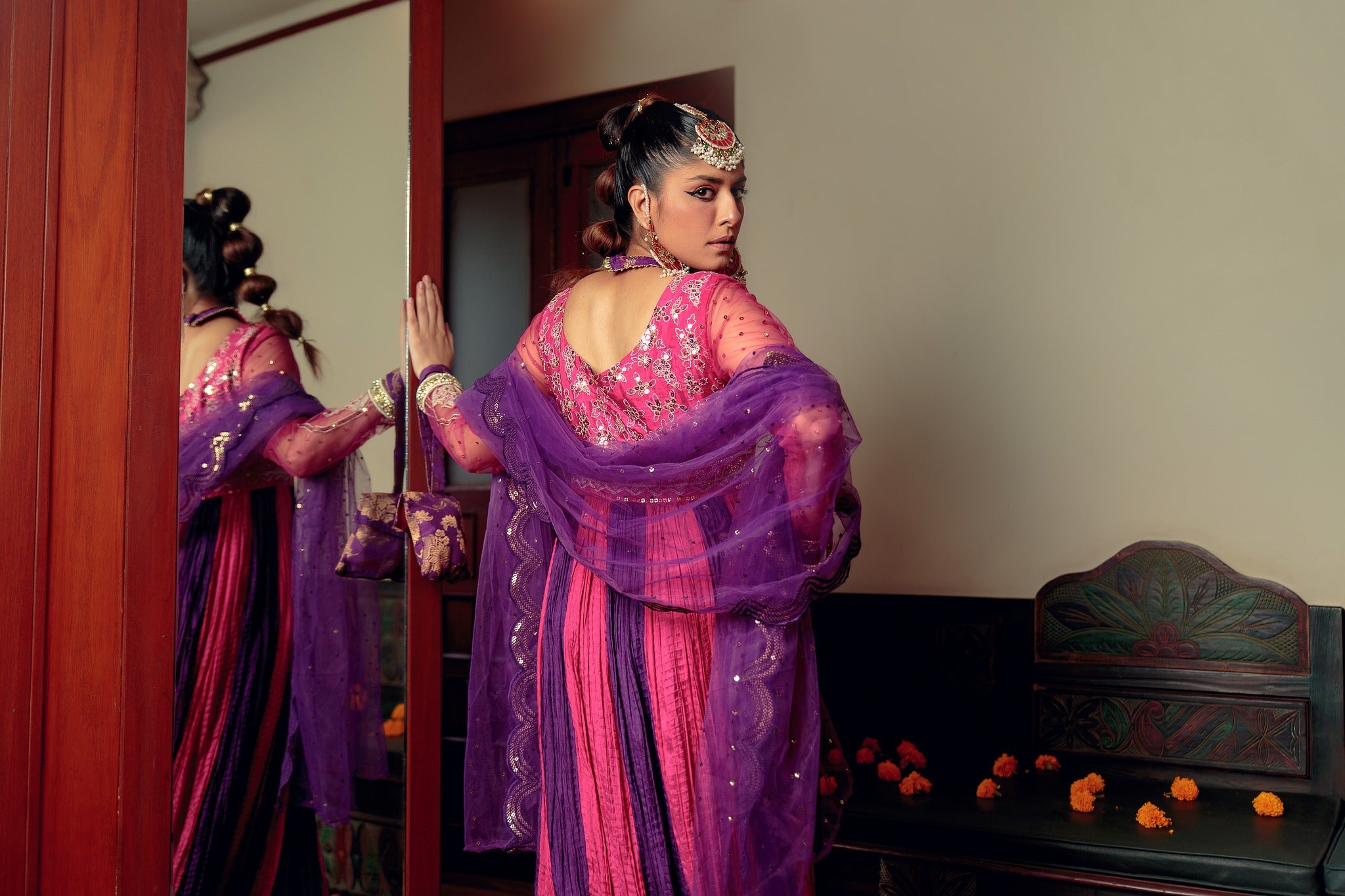 Pakistani Purple & Pink Embroidered Cotton Silk Peshwas (5-Piece) - Image 2