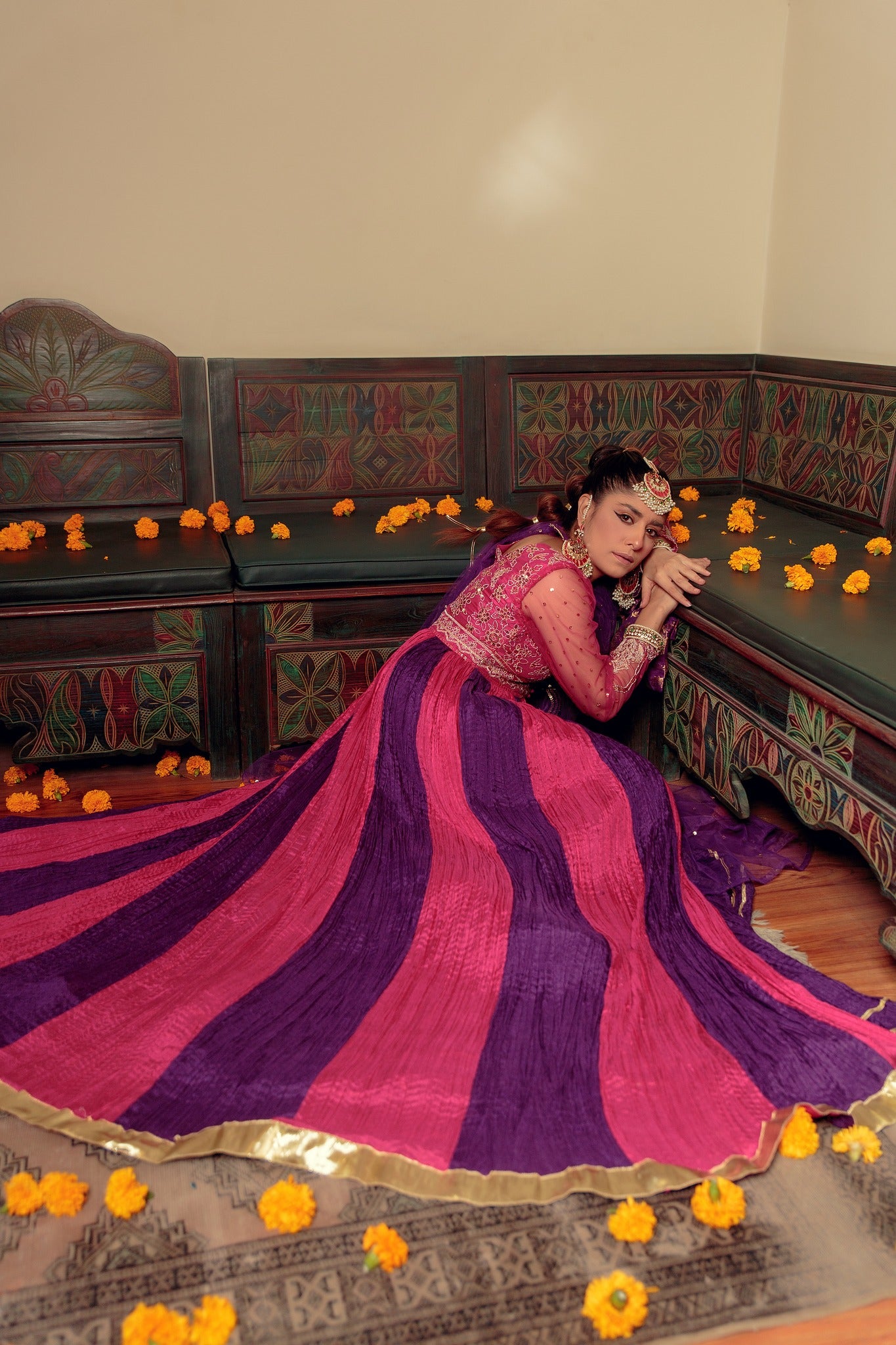 Pakistani Purple & Pink Embroidered Cotton Silk Peshwas (5-Piece) - Image 4