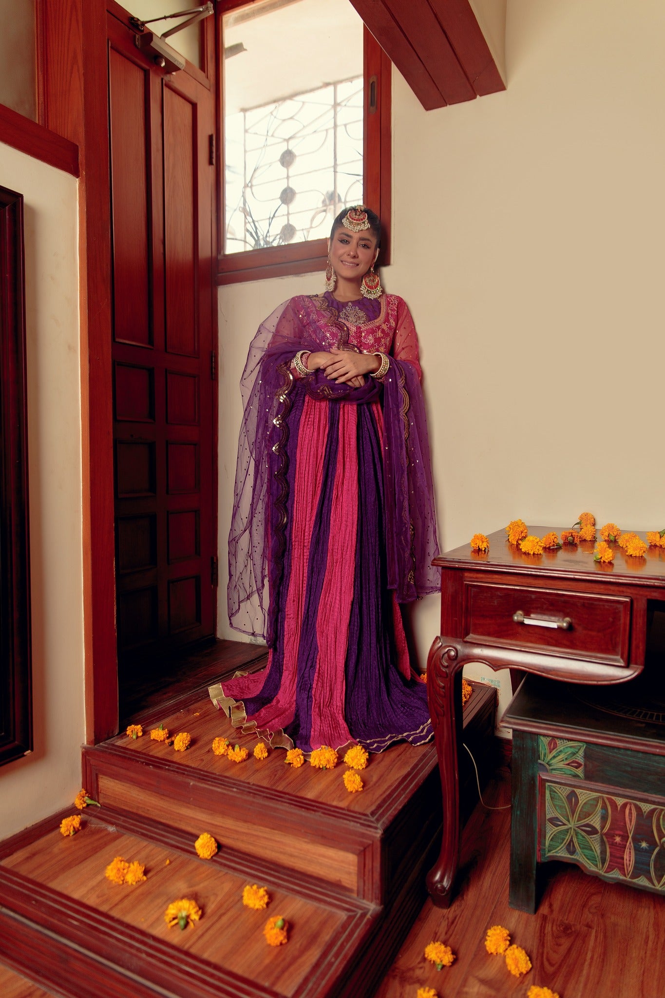 Pakistani Purple & Pink Embroidered Cotton Silk Peshwas (5-Piece) - Image 5