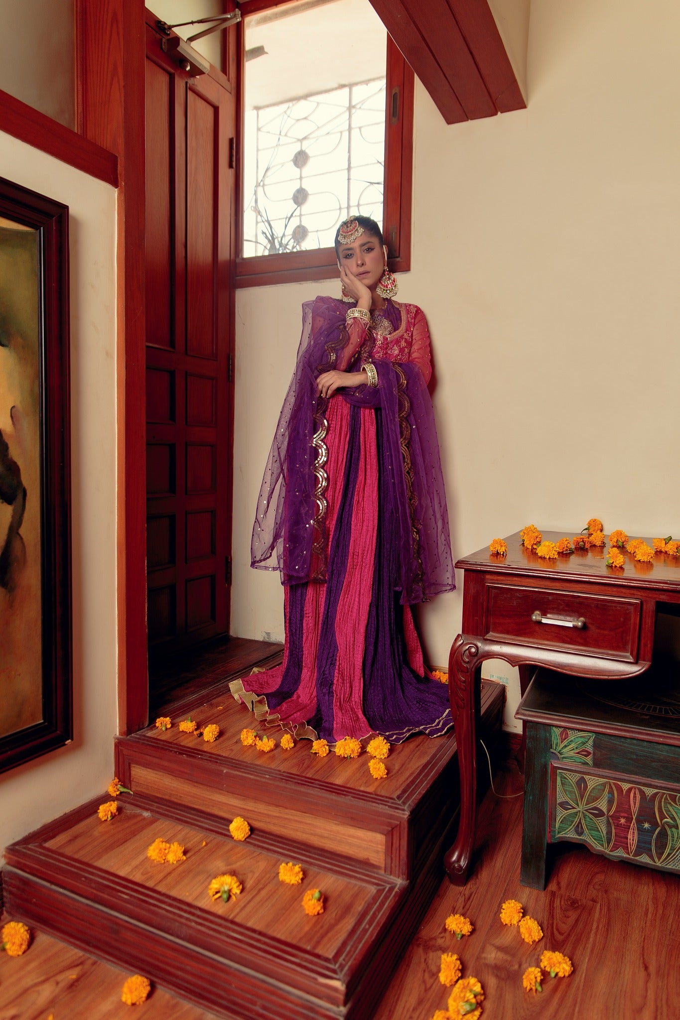 Pakistani Purple & Pink Embroidered Cotton Silk Peshwas (5-Piece) - Image 6