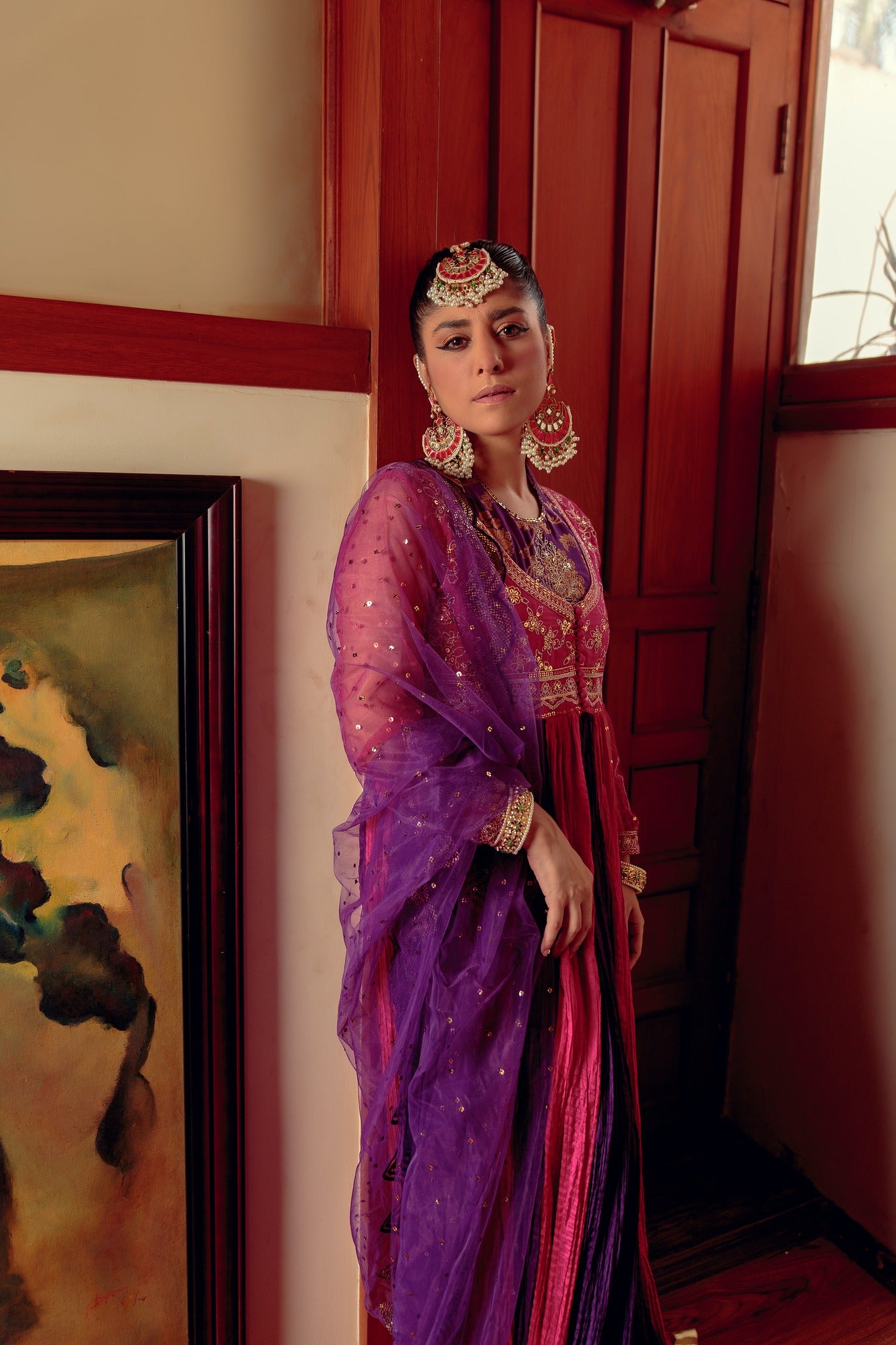 Pakistani Purple & Pink Embroidered Cotton Silk Peshwas (5-Piece) - Image 7