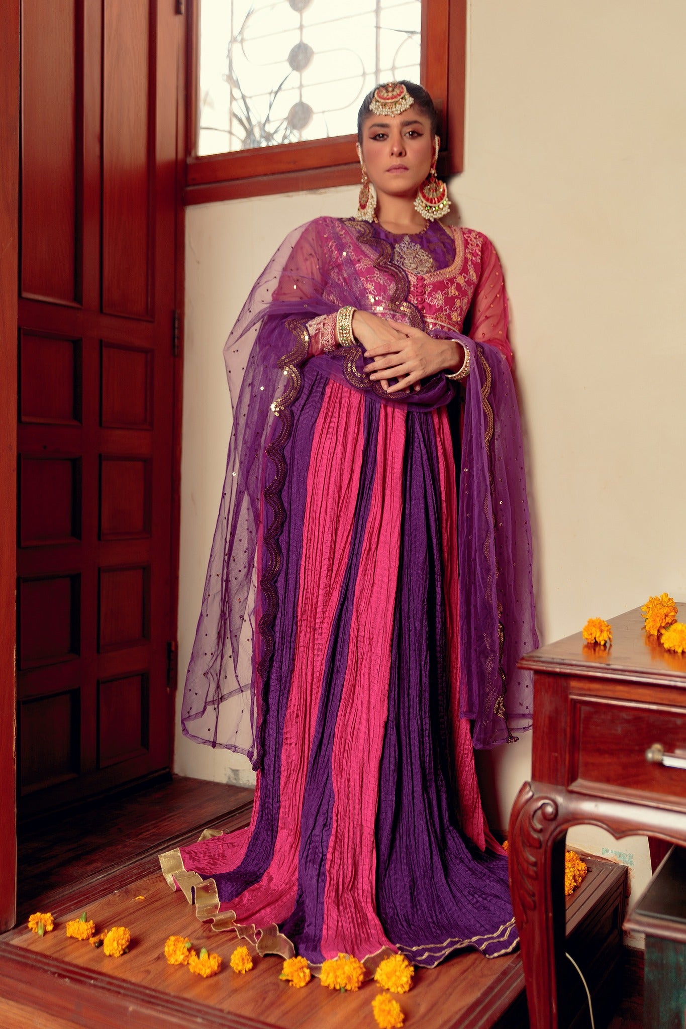 Pakistani Purple & Pink Embroidered Cotton Silk Peshwas (5-Piece) - Image 8