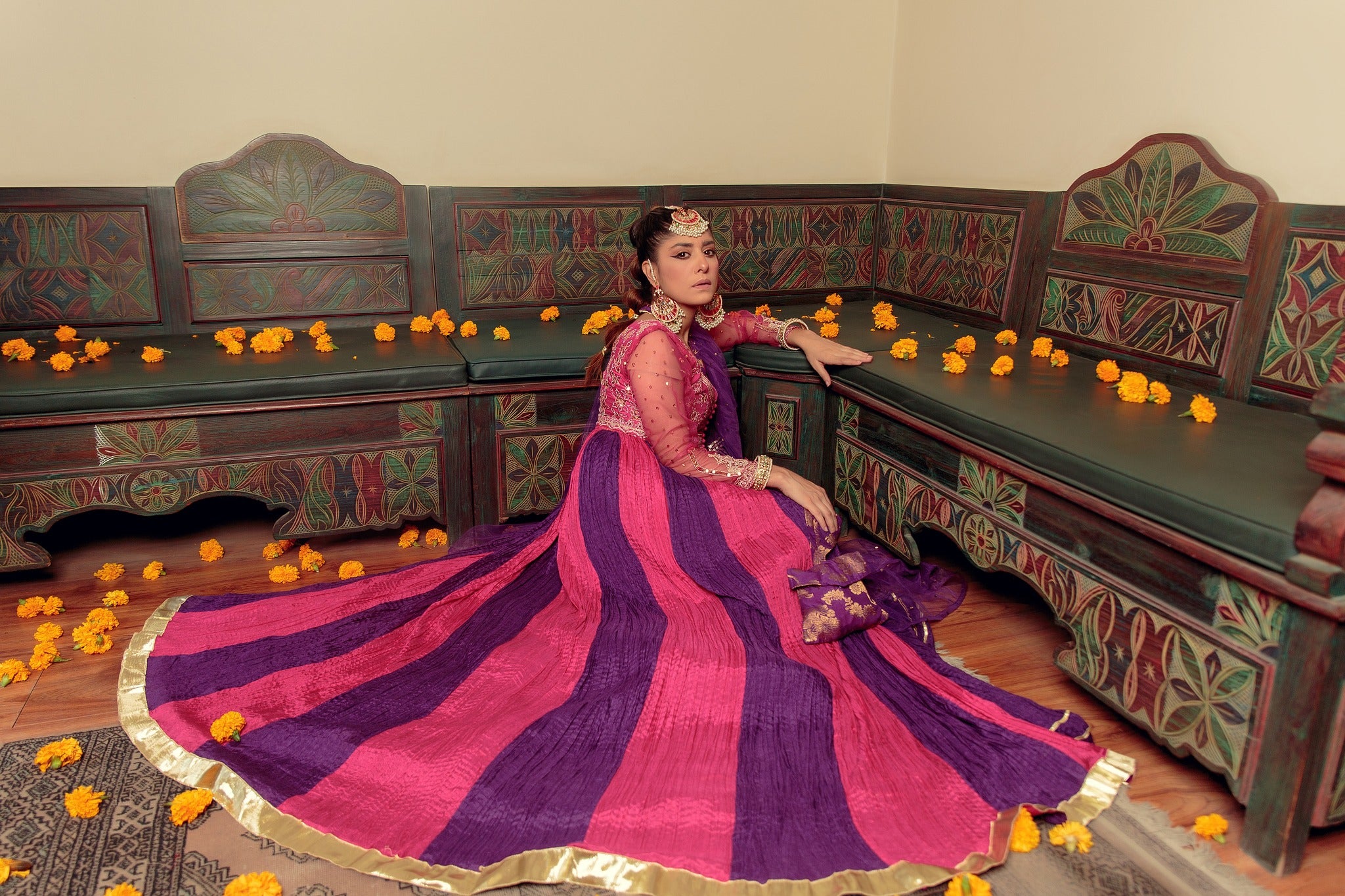 Pakistani Purple & Pink Embroidered Cotton Silk Peshwas (5-Piece) - Image 9