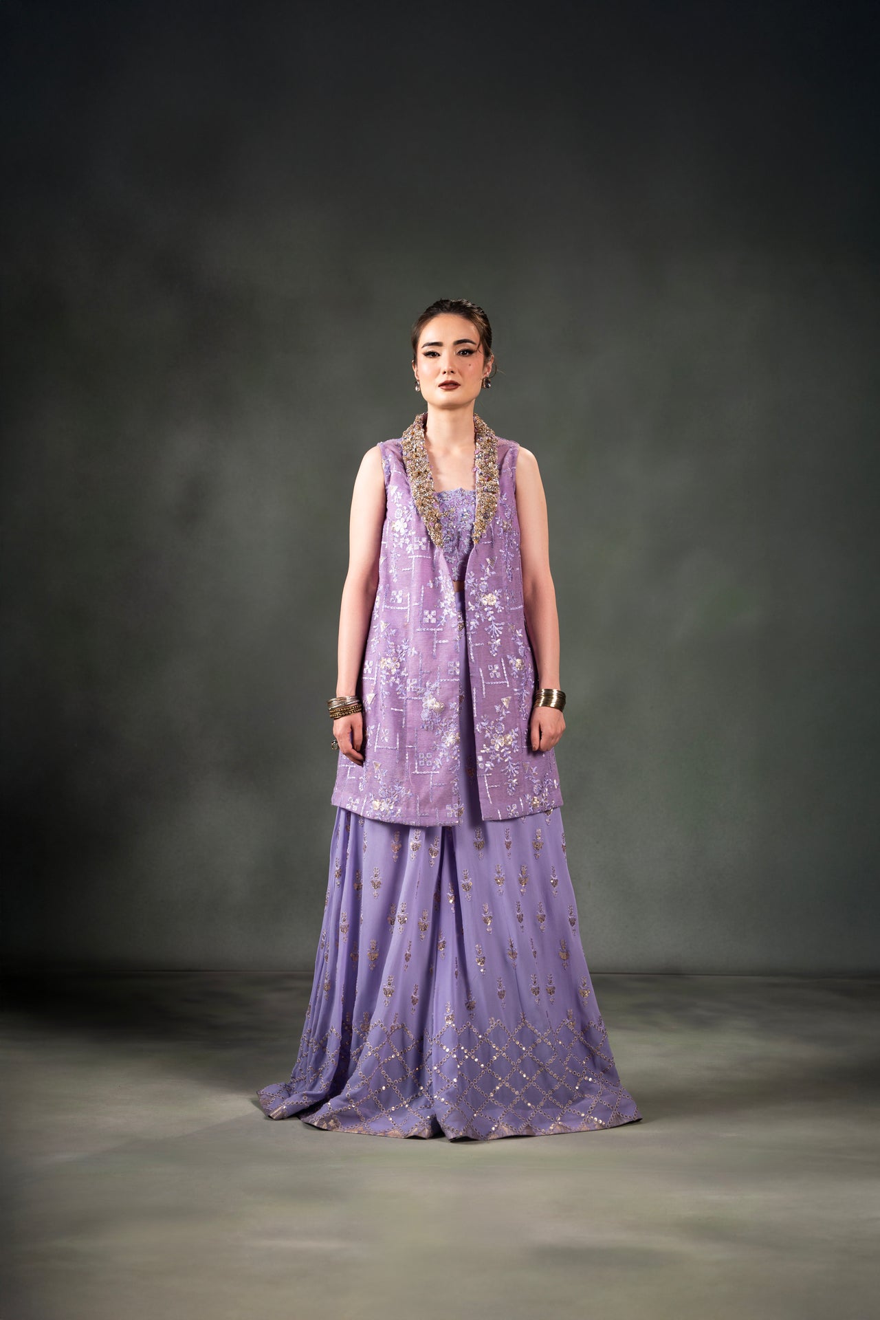Pakistani Lavender Embroidered Georgette Sharara Set (3-Piece) - Image 1