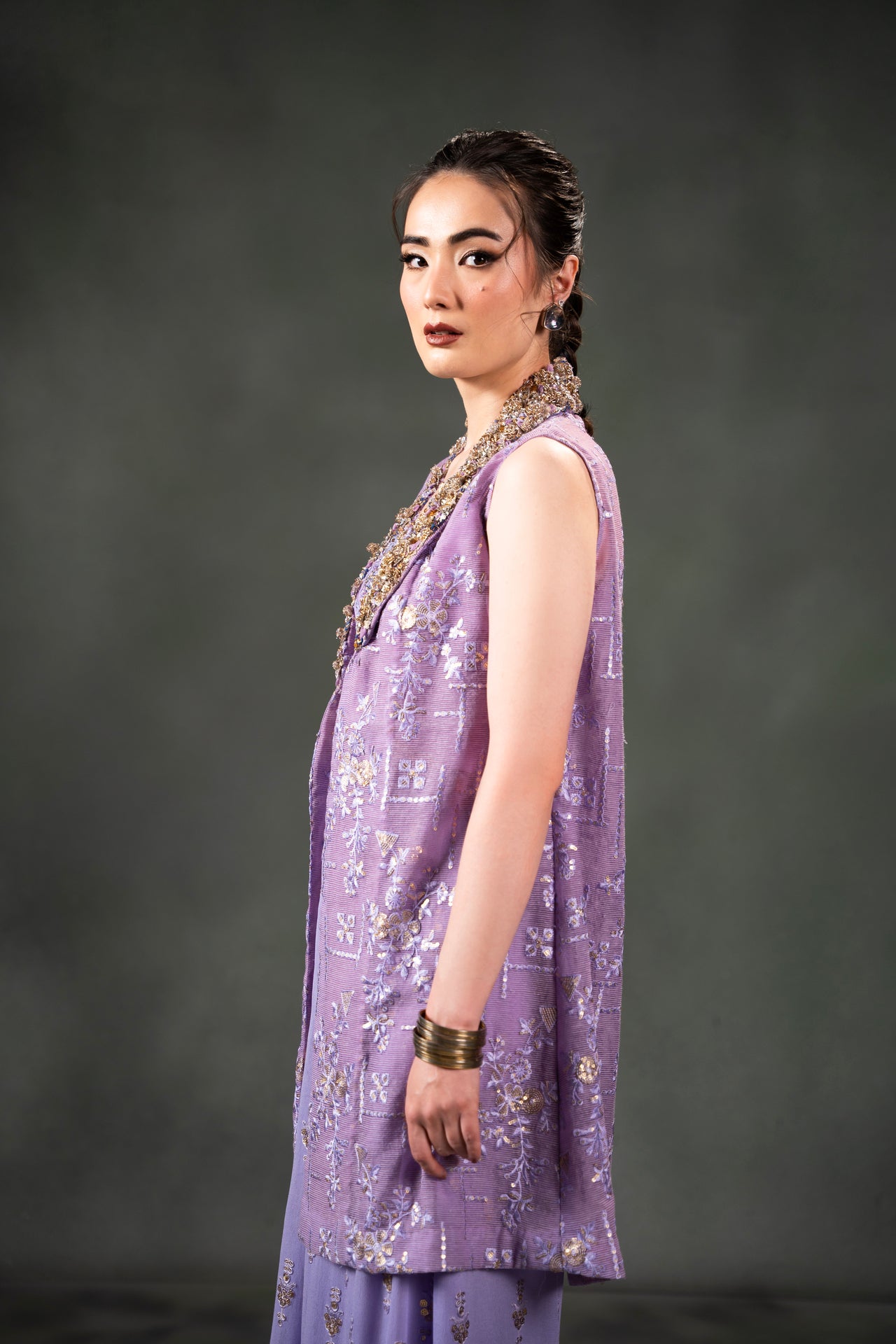 Pakistani Lavender Embroidered Georgette Sharara Set (3-Piece) - Image 2