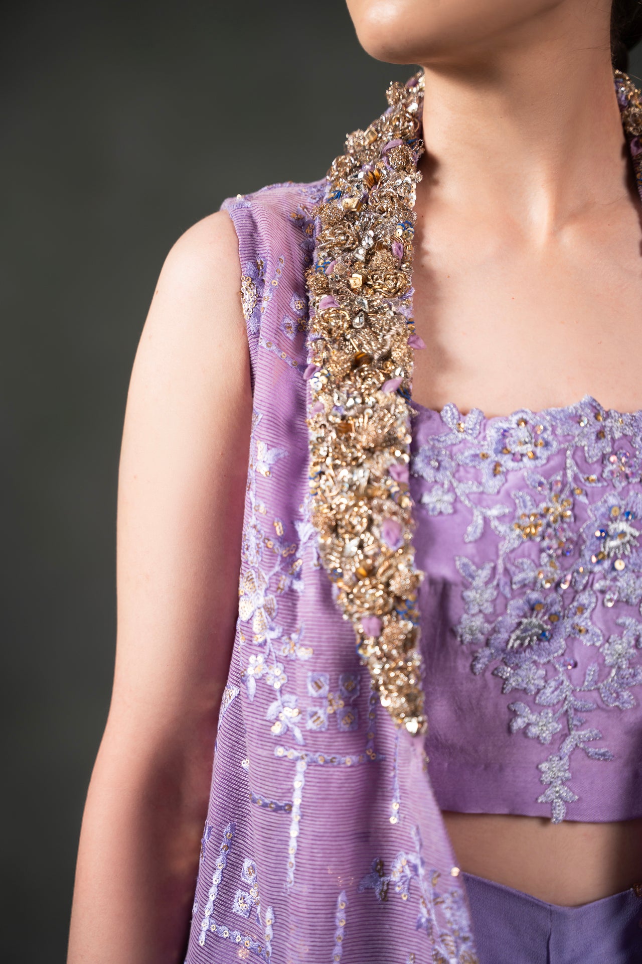 Pakistani Lavender Embroidered Georgette Sharara Set (3-Piece) - Image 3