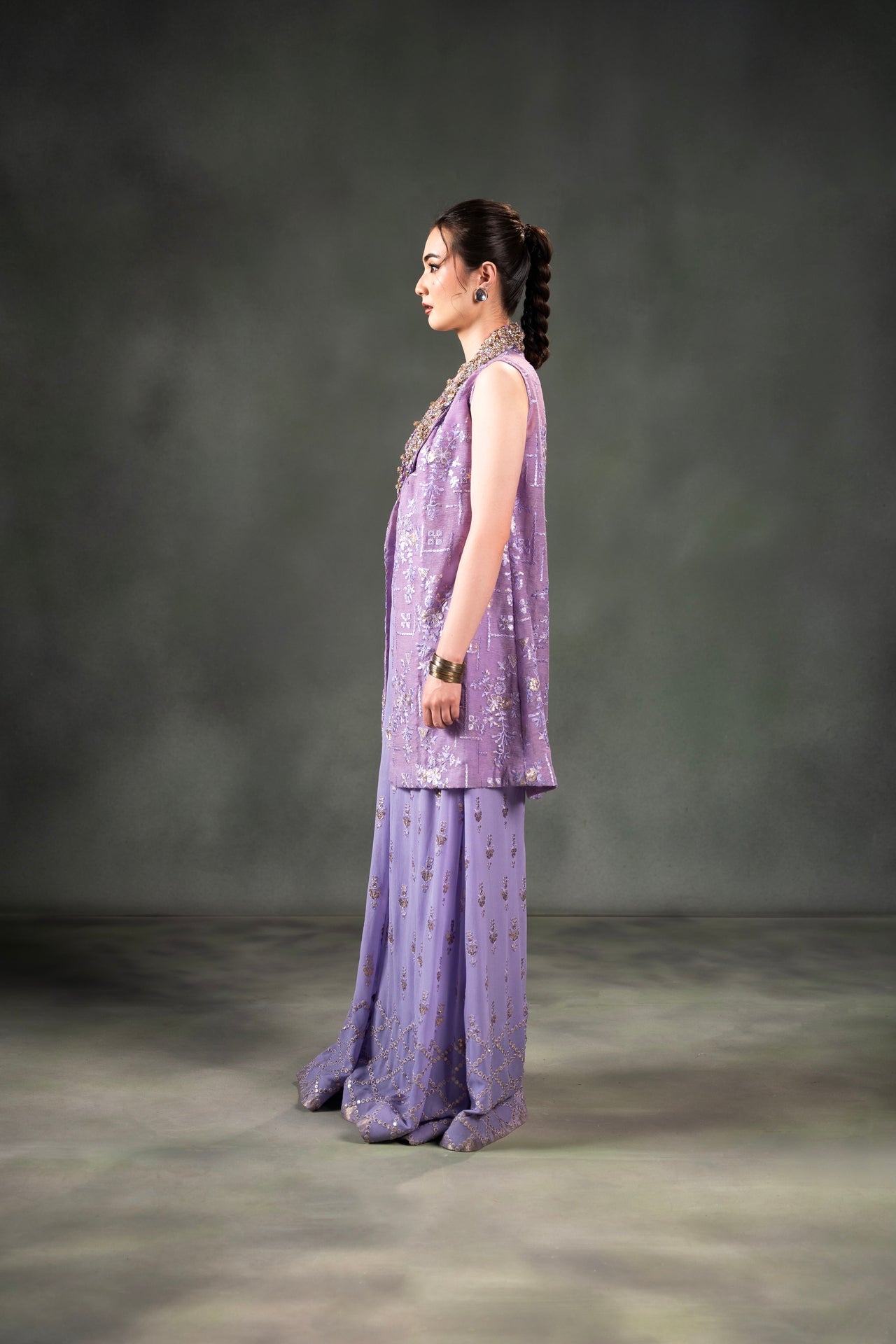 Pakistani Lavender Embroidered Georgette Sharara Set (3-Piece) - Image 4