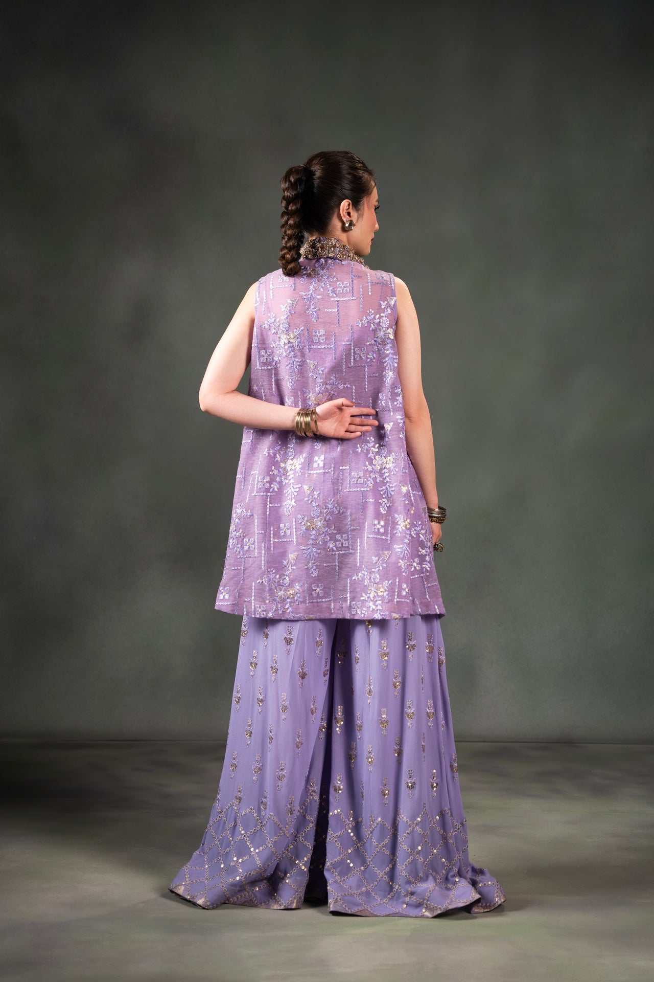 Pakistani Lavender Embroidered Georgette Sharara Set (3-Piece) - Image 5