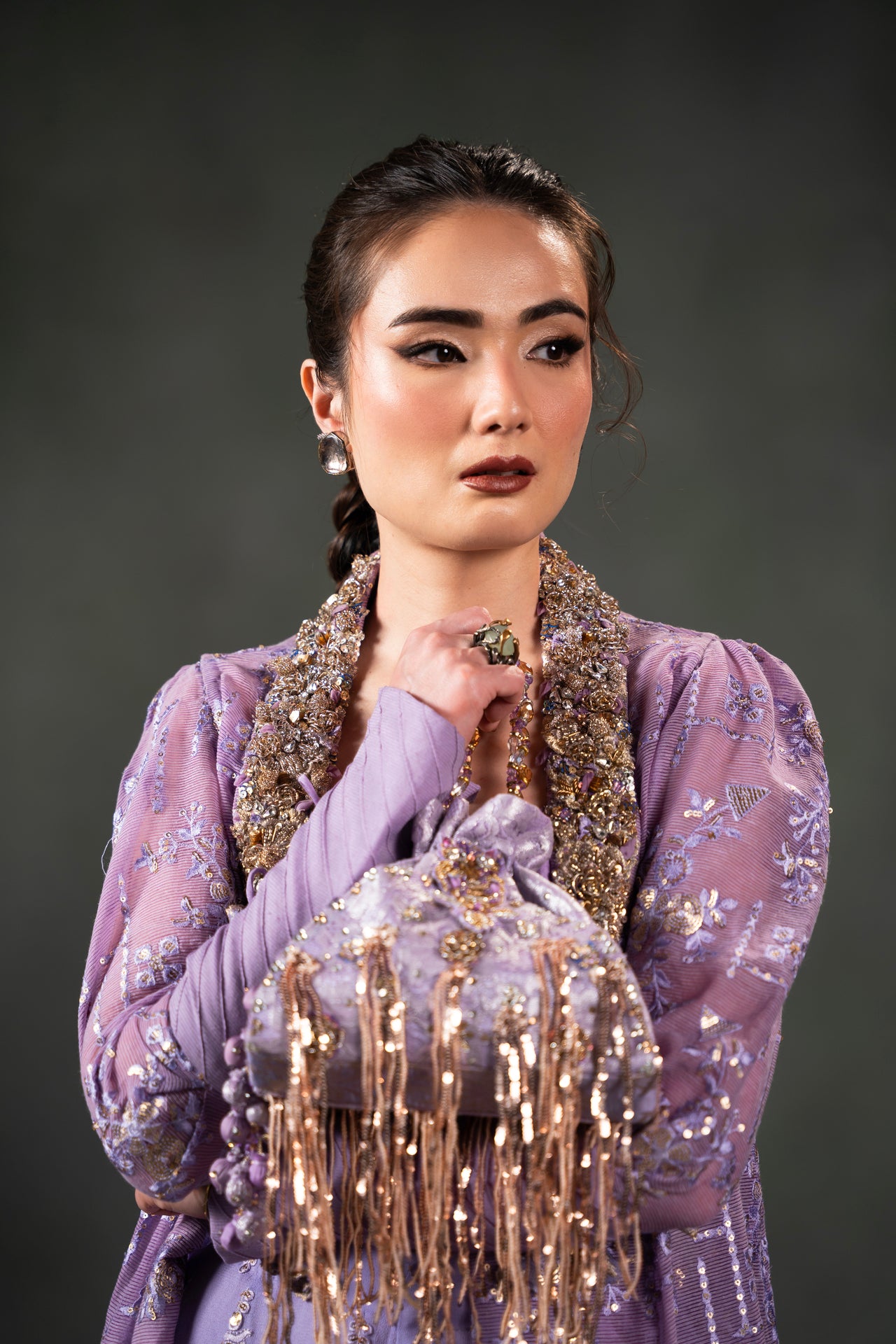 Pakistani Lavender Embroidered Georgette Sharara Set (3-Piece) - Image 6