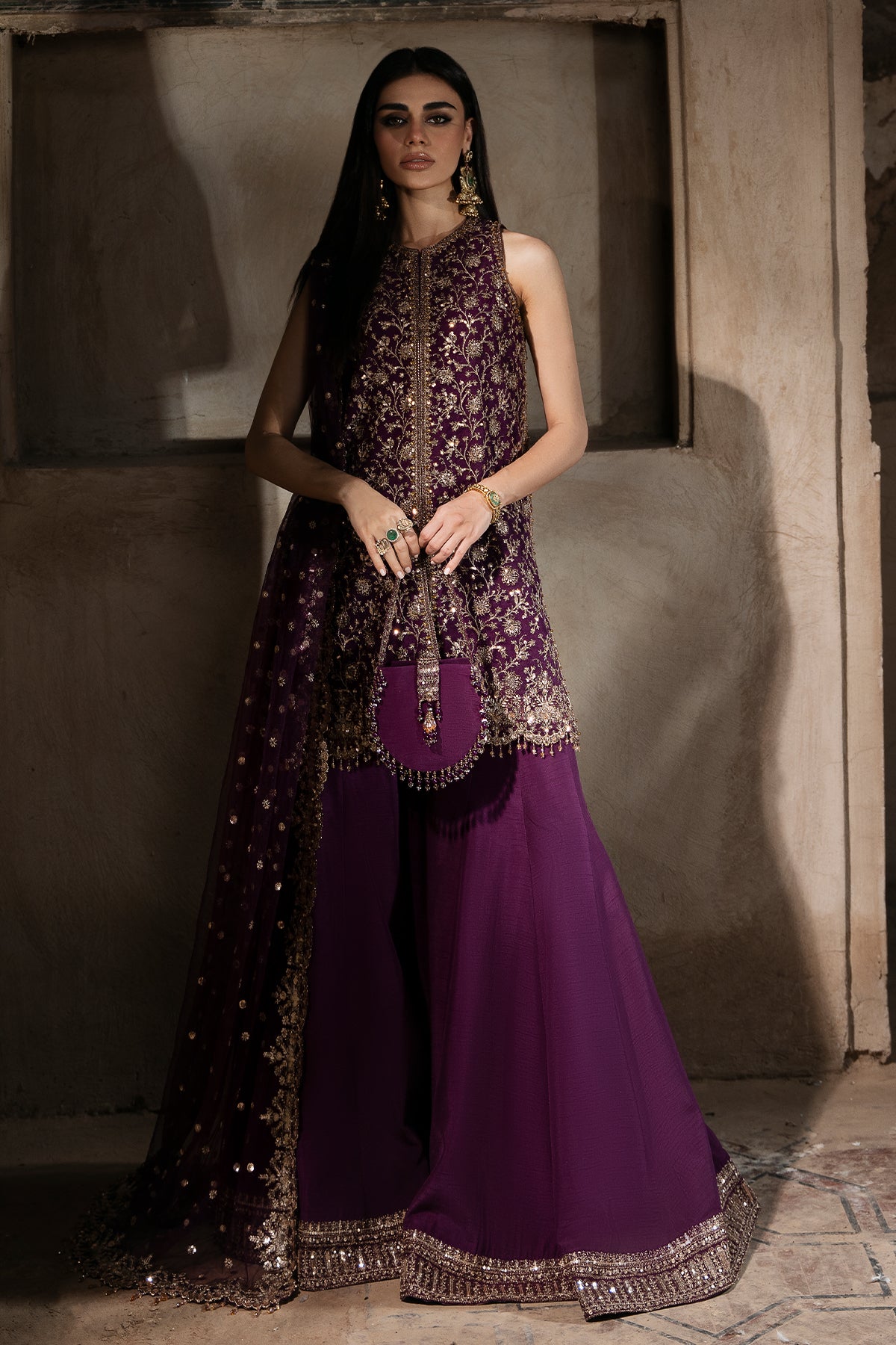 Pakistani Deep Purple Embroidered Net & Silk Sharara (3-Piece) - Image 1