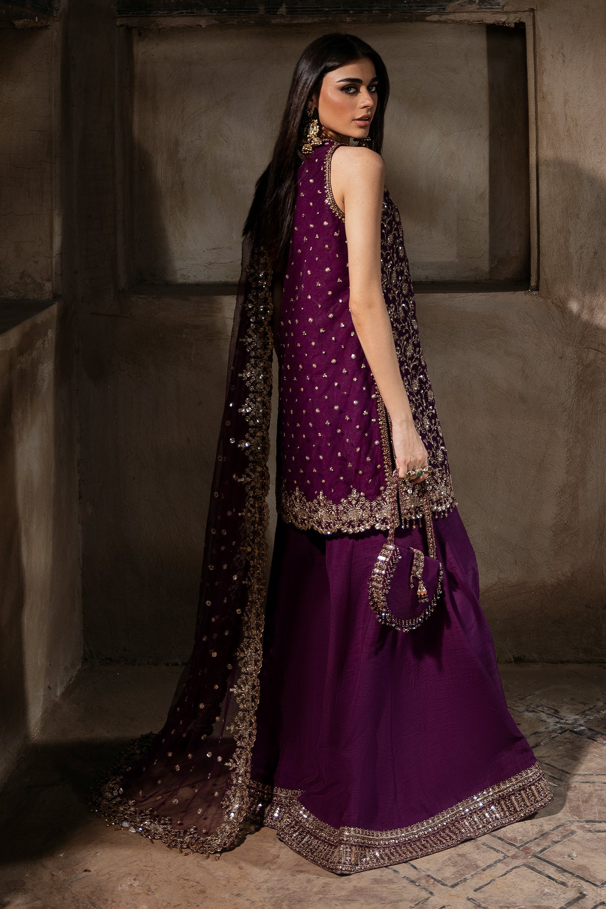 Pakistani Deep Purple Embroidered Net & Silk Sharara (3-Piece) - Image 2