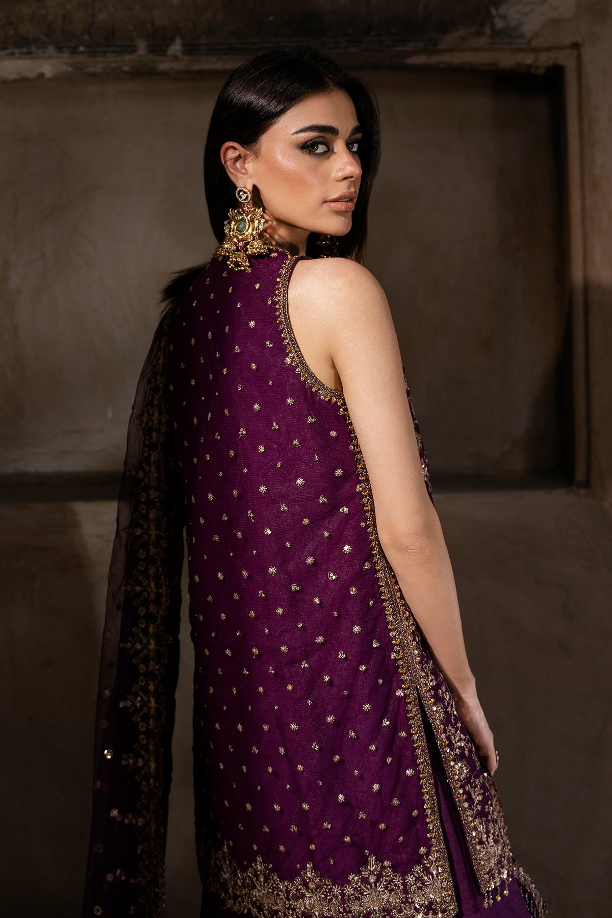Pakistani Deep Purple Embroidered Net & Silk Sharara (3-Piece) - Image 3