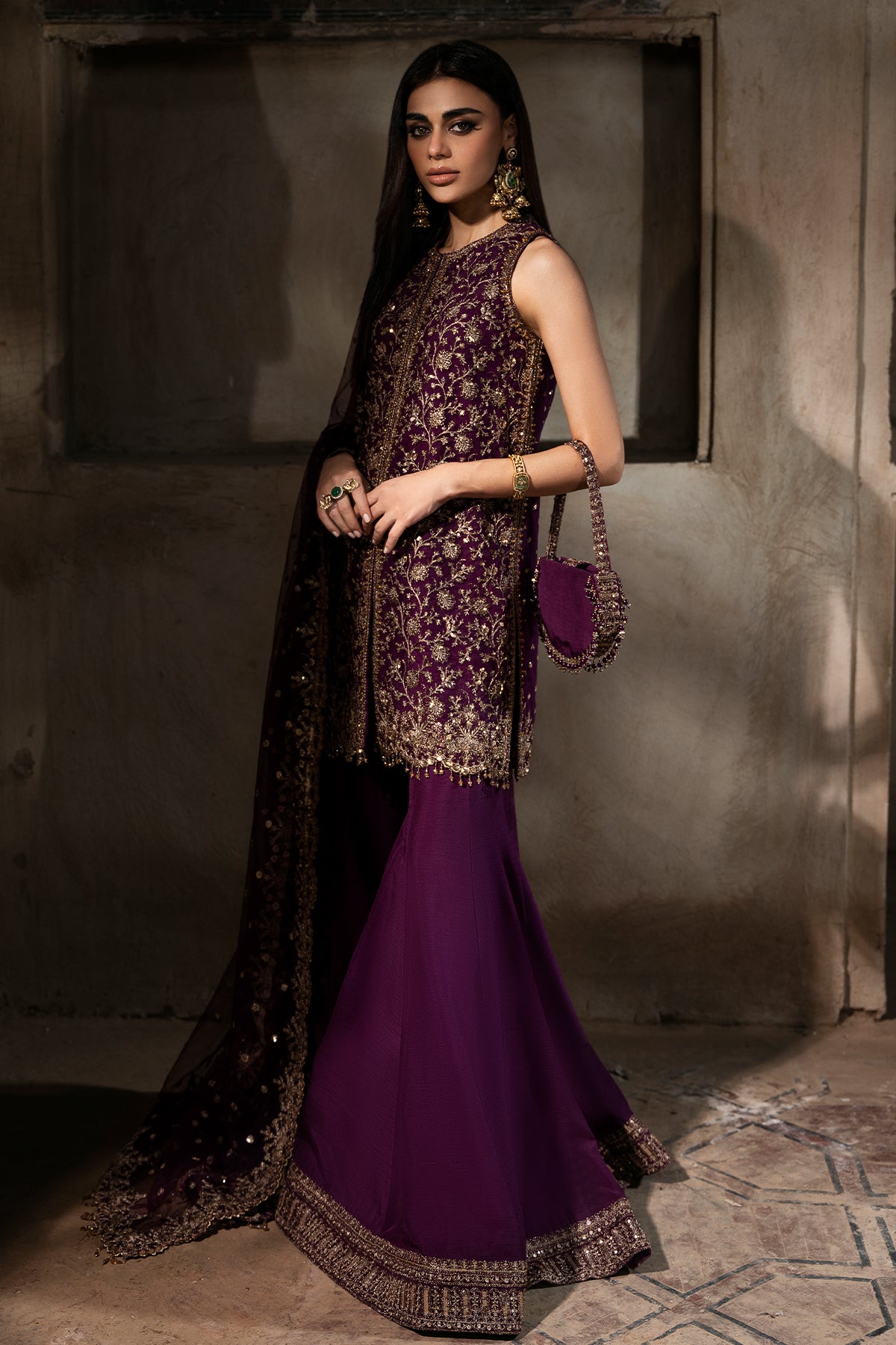 Pakistani Deep Purple Embroidered Net & Silk Sharara (3-Piece) - Image 4