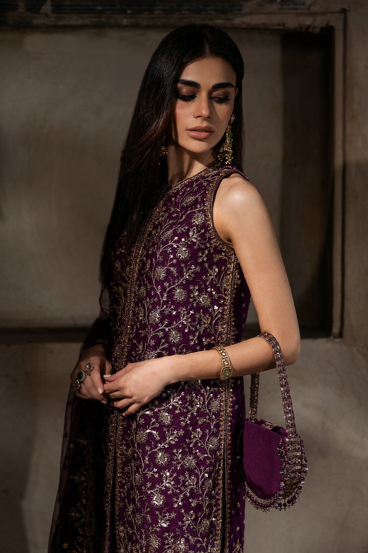 Pakistani Deep Purple Embroidered Net & Silk Sharara (3-Piece) - Image 5