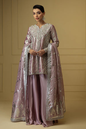Lavender Embroidered Lamè Jacket Sharara (3-Piece) - Image 1