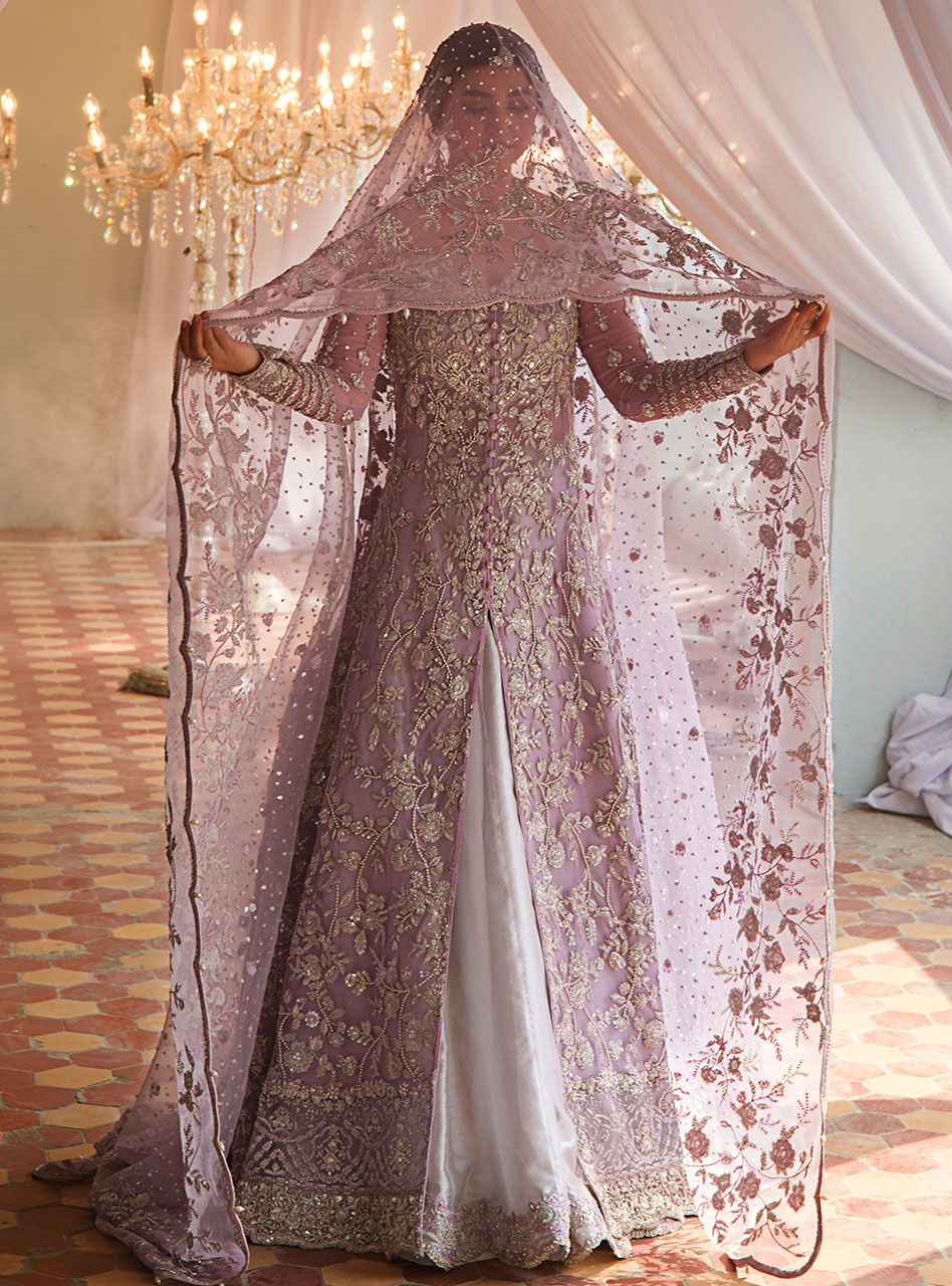 Lilac Embroidered Net & Brocade Bridal Sharara (3-Piece) - Image 2