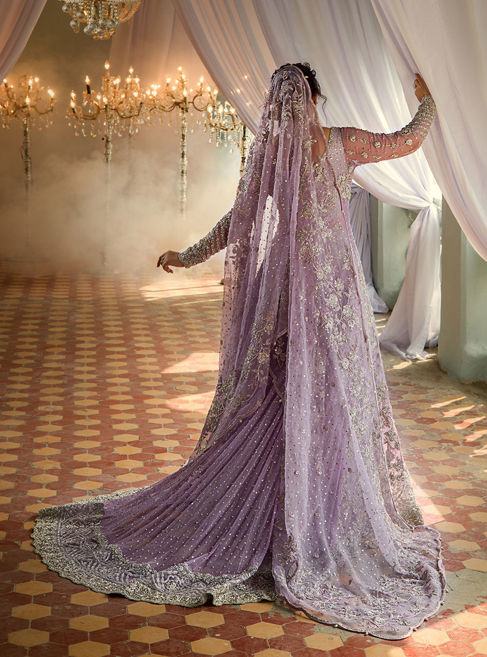 Lilac Embroidered Net & Brocade Bridal Sharara (3-Piece) - Image 5