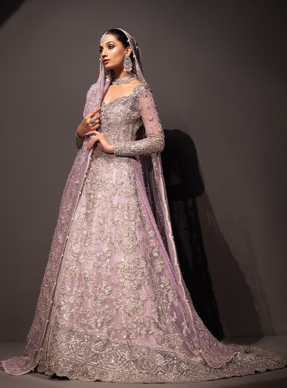 Lilac Embroidered Net & Brocade Bridal Sharara (3-Piece) - Image 12