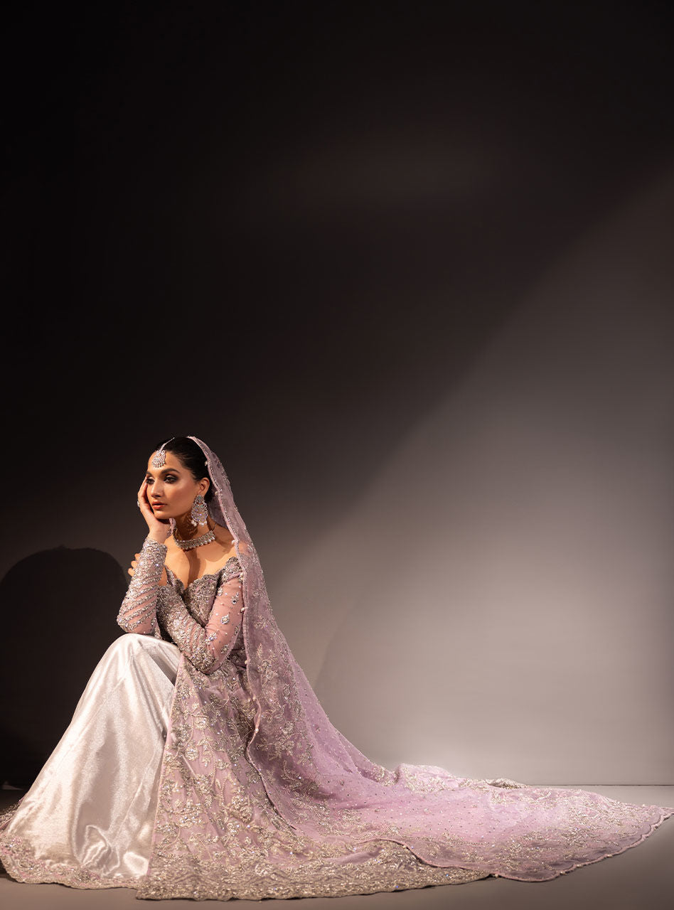 Lilac Embroidered Net & Brocade Bridal Sharara (3-Piece) - Image 14