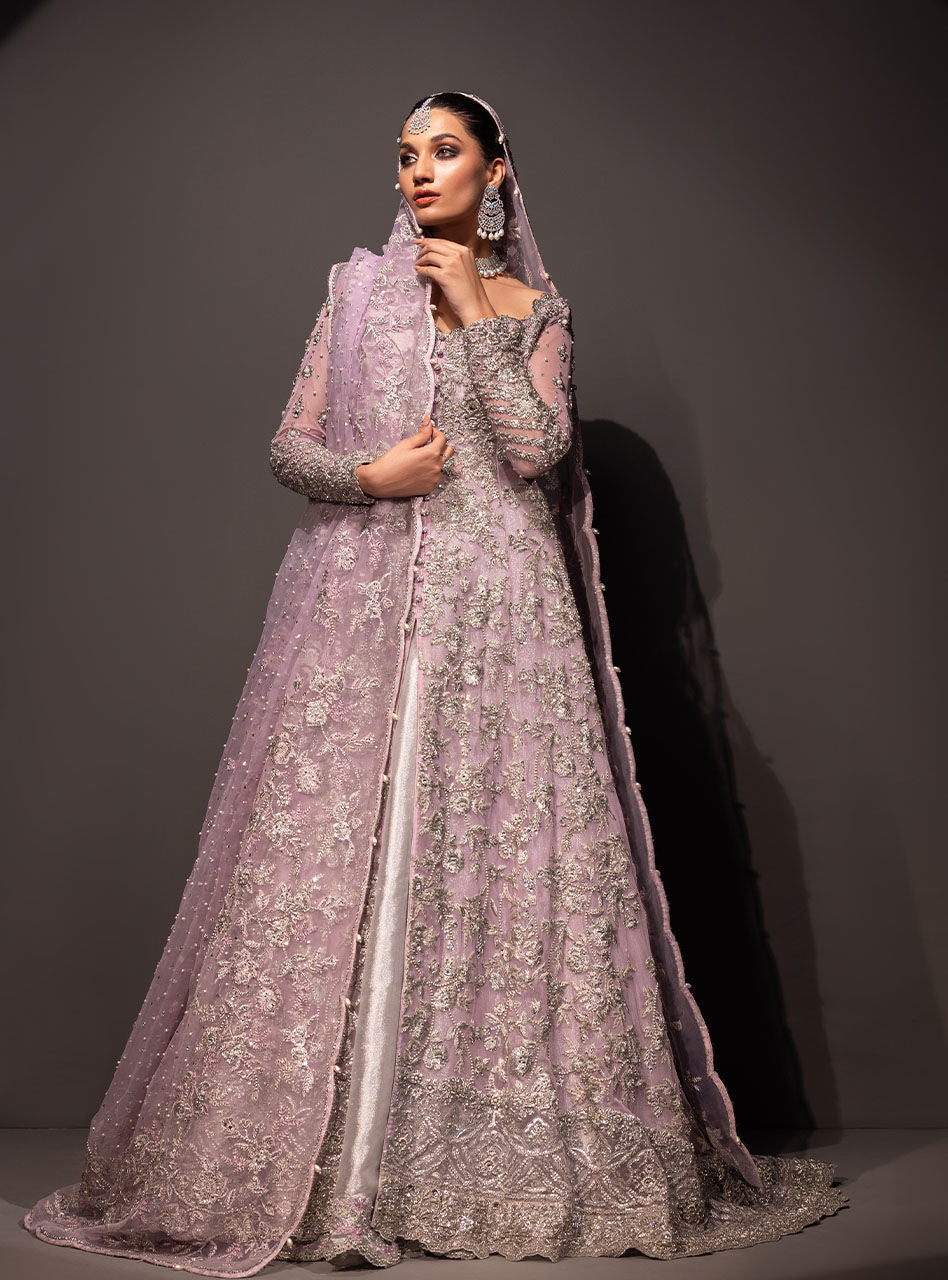 Lilac Embroidered Net & Brocade Bridal Sharara (3-Piece) - Image 9