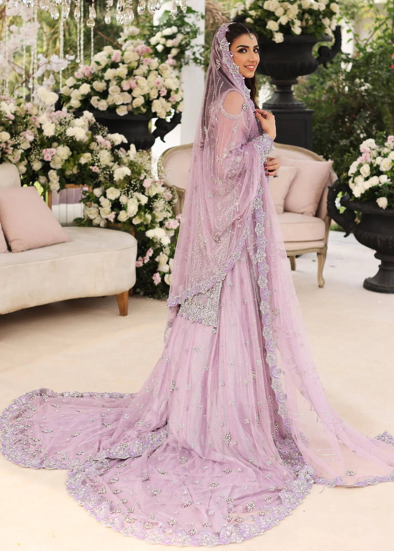 Pakistani Lilac Embellished Net Bridal Jacket with Farshi Sharara (3-Piece) - Image 2