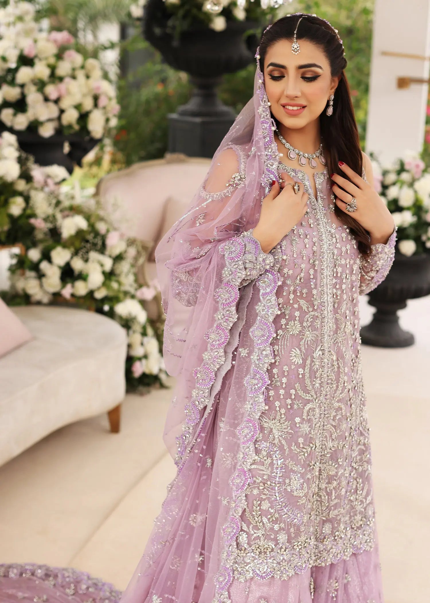Pakistani Lilac Embellished Net Bridal Jacket with Farshi Sharara (3-Piece) - Image 3
