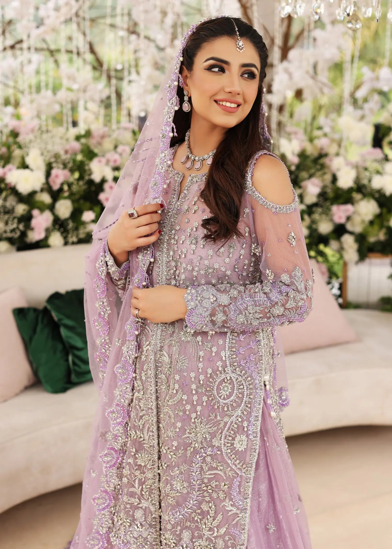 Pakistani Lilac Embellished Net Bridal Jacket with Farshi Sharara (3-Piece) - Image 5