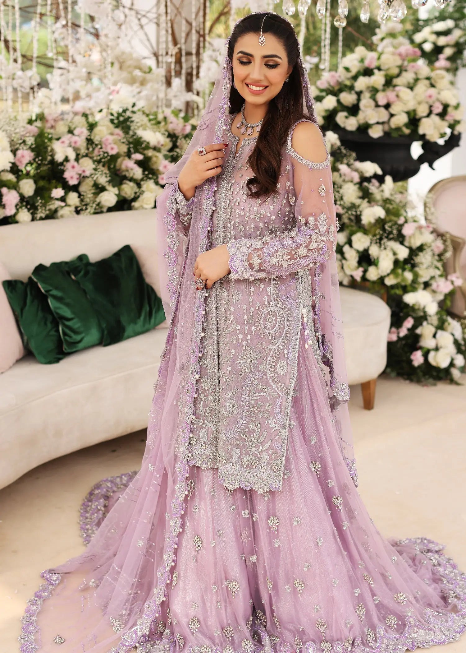 Pakistani Lilac Embellished Net Bridal Jacket with Farshi Sharara (3-Piece) - Image 6