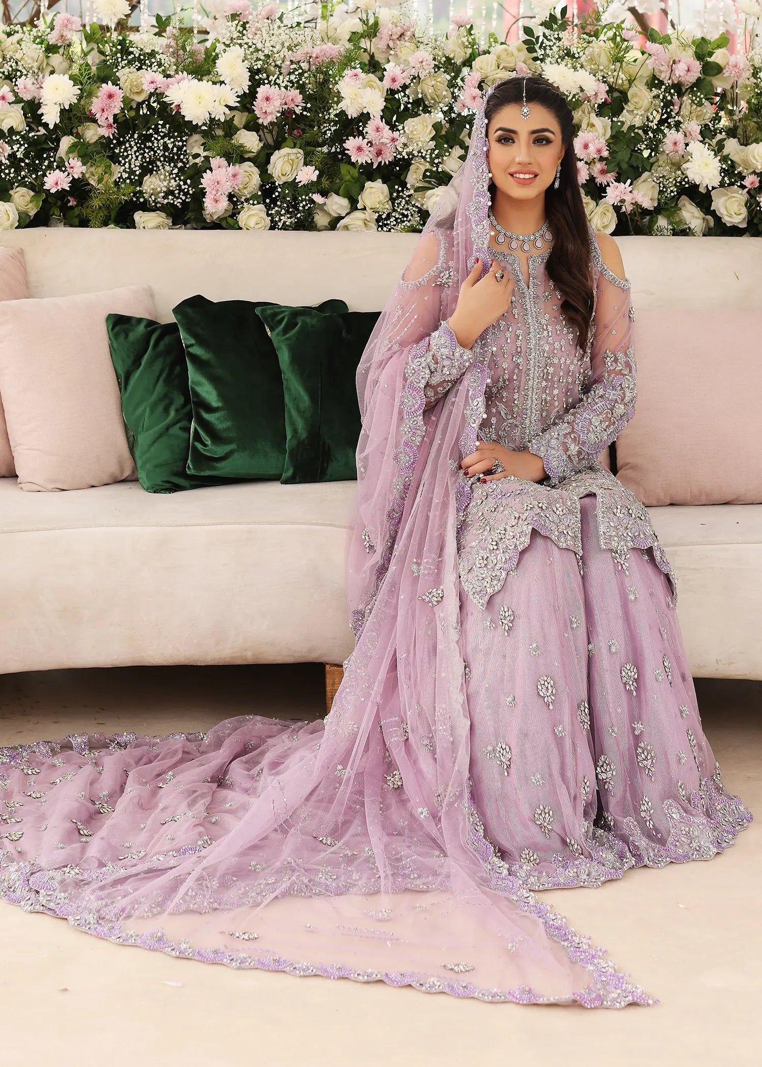 Pakistani Lilac Embellished Net Bridal Jacket with Farshi Sharara (3-Piece) - Image 7