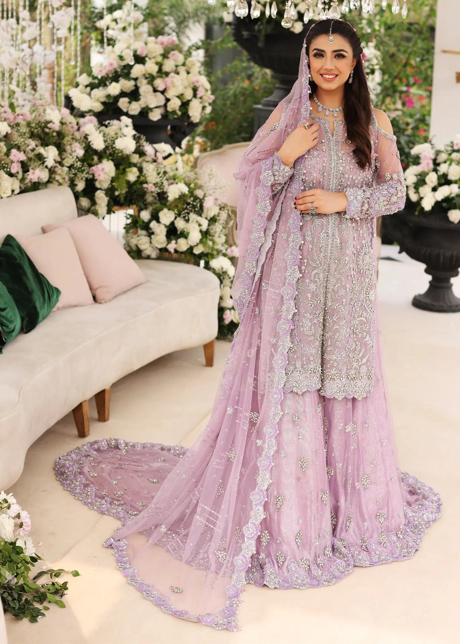 Pakistani Lilac Embellished Net Bridal Jacket with Farshi Sharara (3-Piece) - Image 8