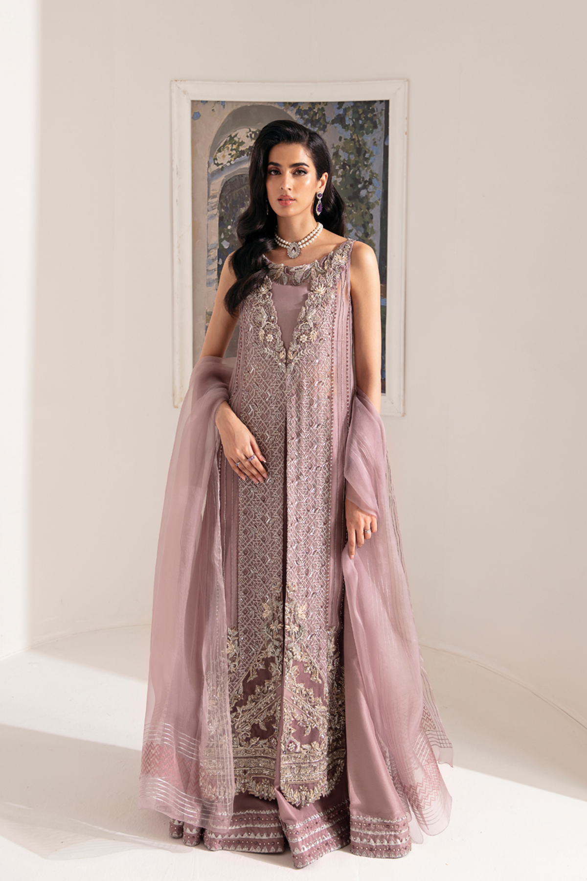 Pakistani Lilac Embellished Organza Sharara Set (3-Piece) - Image 1