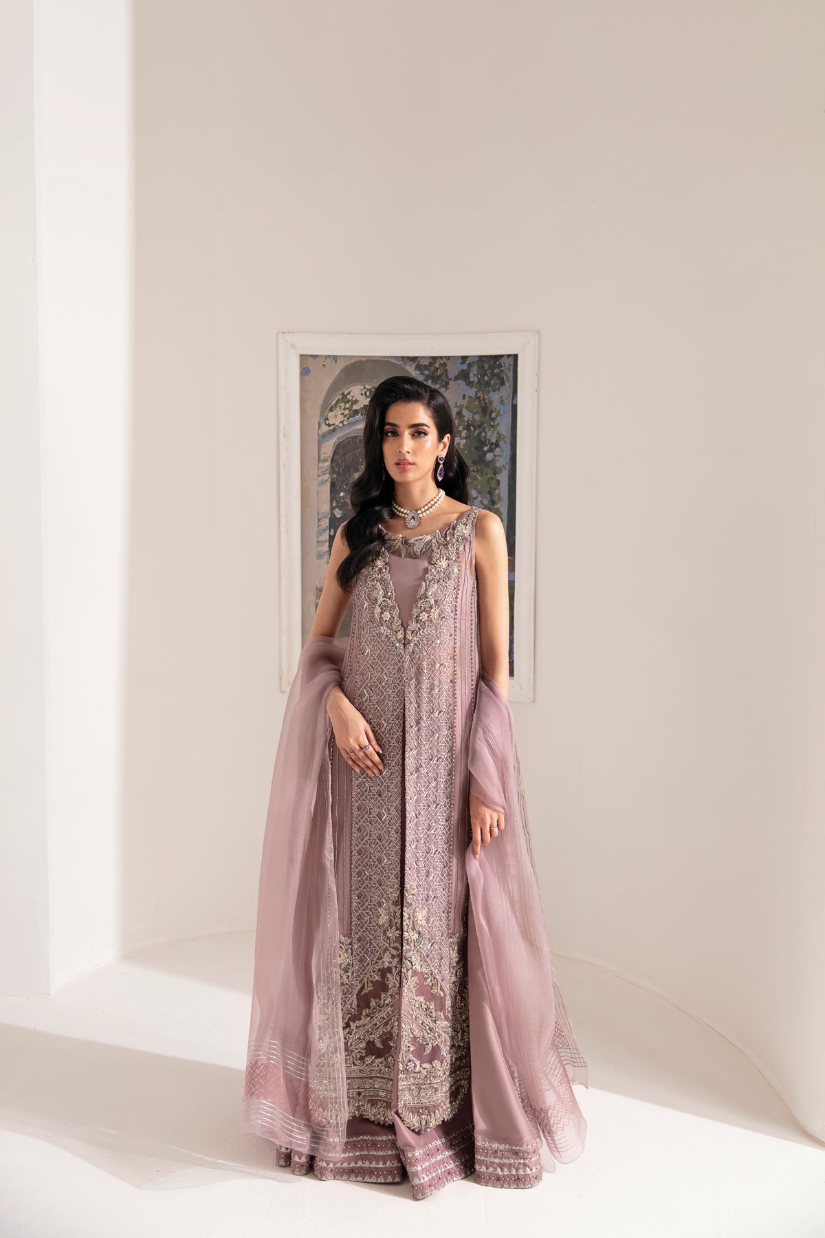 Pakistani Lilac Embellished Organza Sharara Set (3-Piece) - Image 2