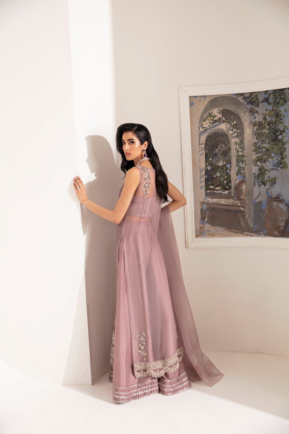 Pakistani Lilac Embellished Organza Sharara Set (3-Piece) - Image 3
