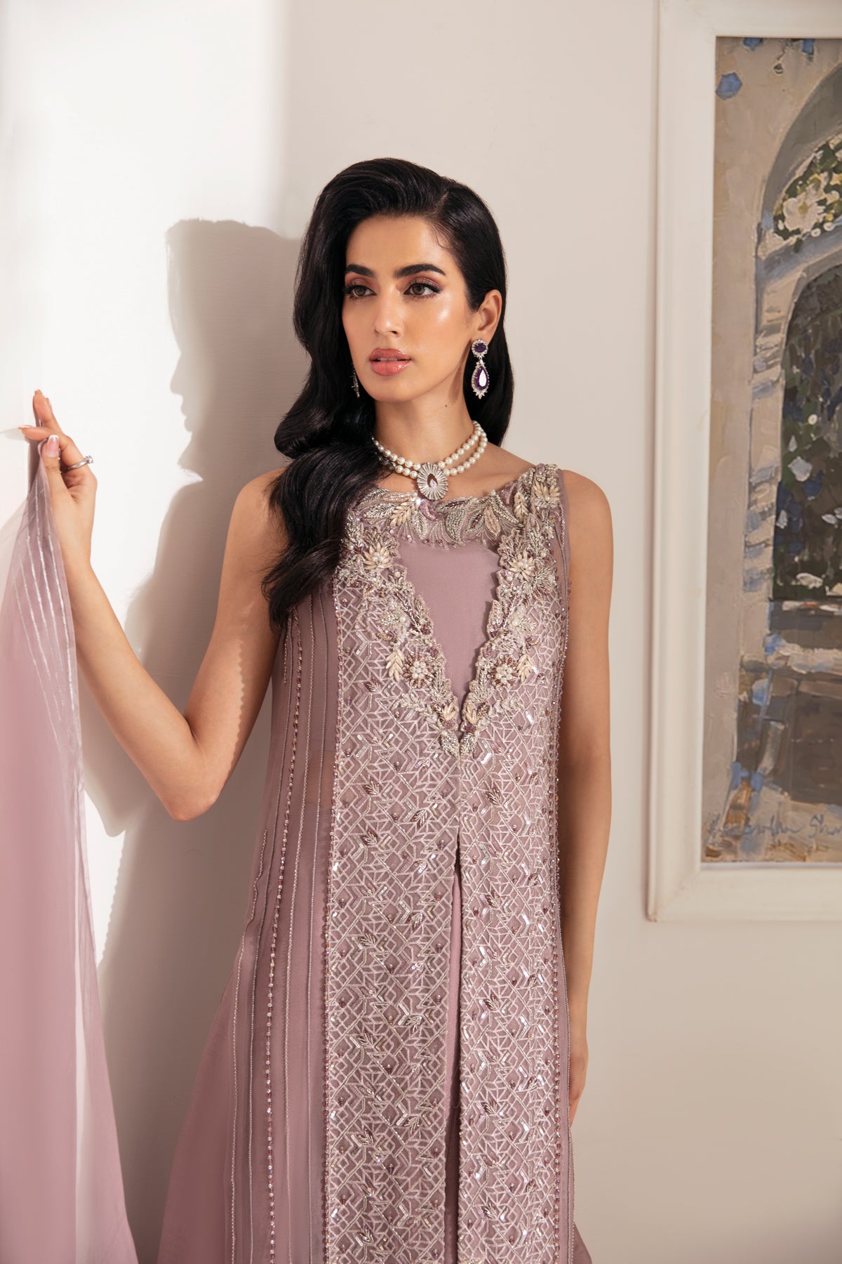 Pakistani Lilac Embellished Organza Sharara Set (3-Piece) - Image 6