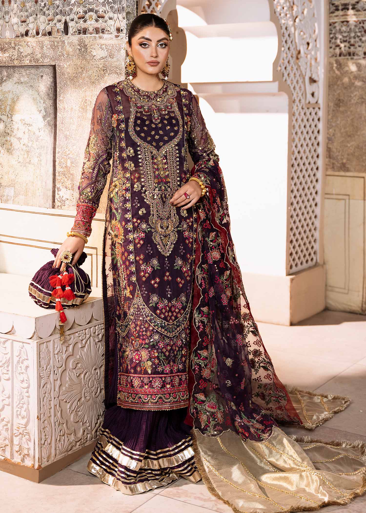 Pakistani Purple Embroidered Organza Bridal Sharara (3-Piece) - Image 1