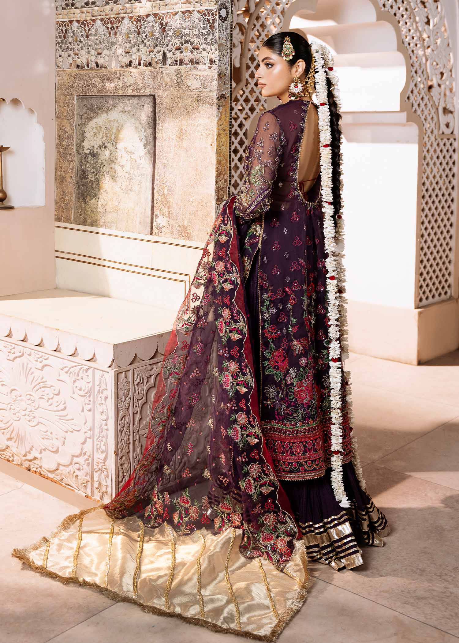 Pakistani Purple Embroidered Organza Bridal Sharara (3-Piece) - Image 2