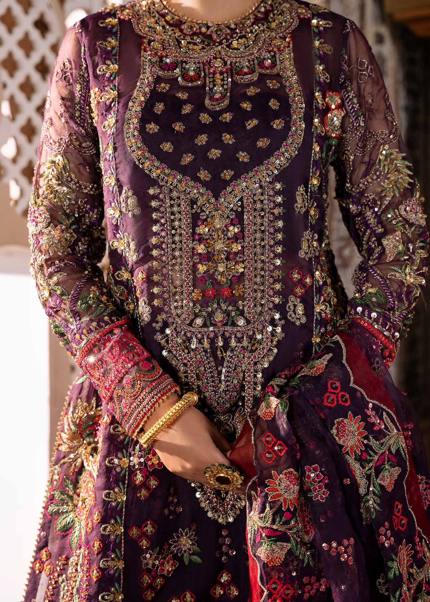 Pakistani Purple Embroidered Organza Bridal Sharara (3-Piece) - Image 4