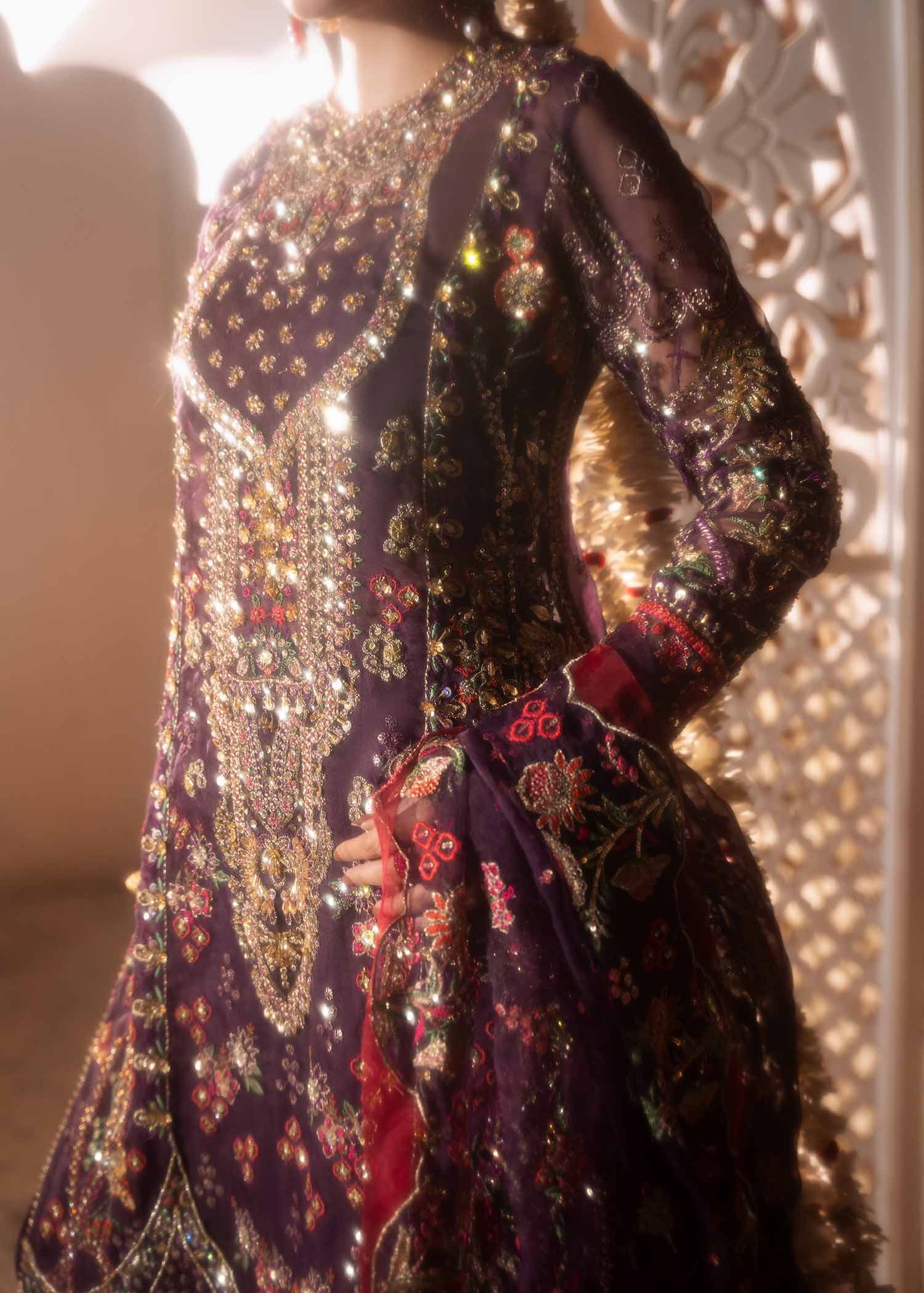 Pakistani Purple Embroidered Organza Bridal Sharara (3-Piece) - Image 5