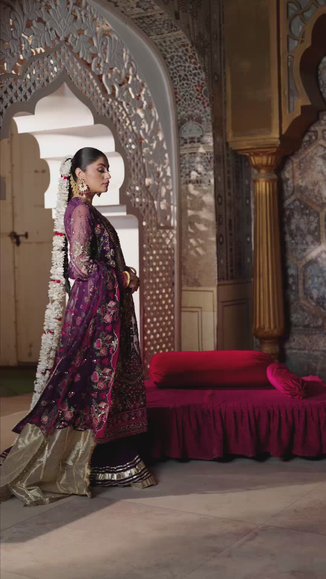 Pakistani Purple Embroidered Organza Bridal Sharara (3-Piece) - Image 6