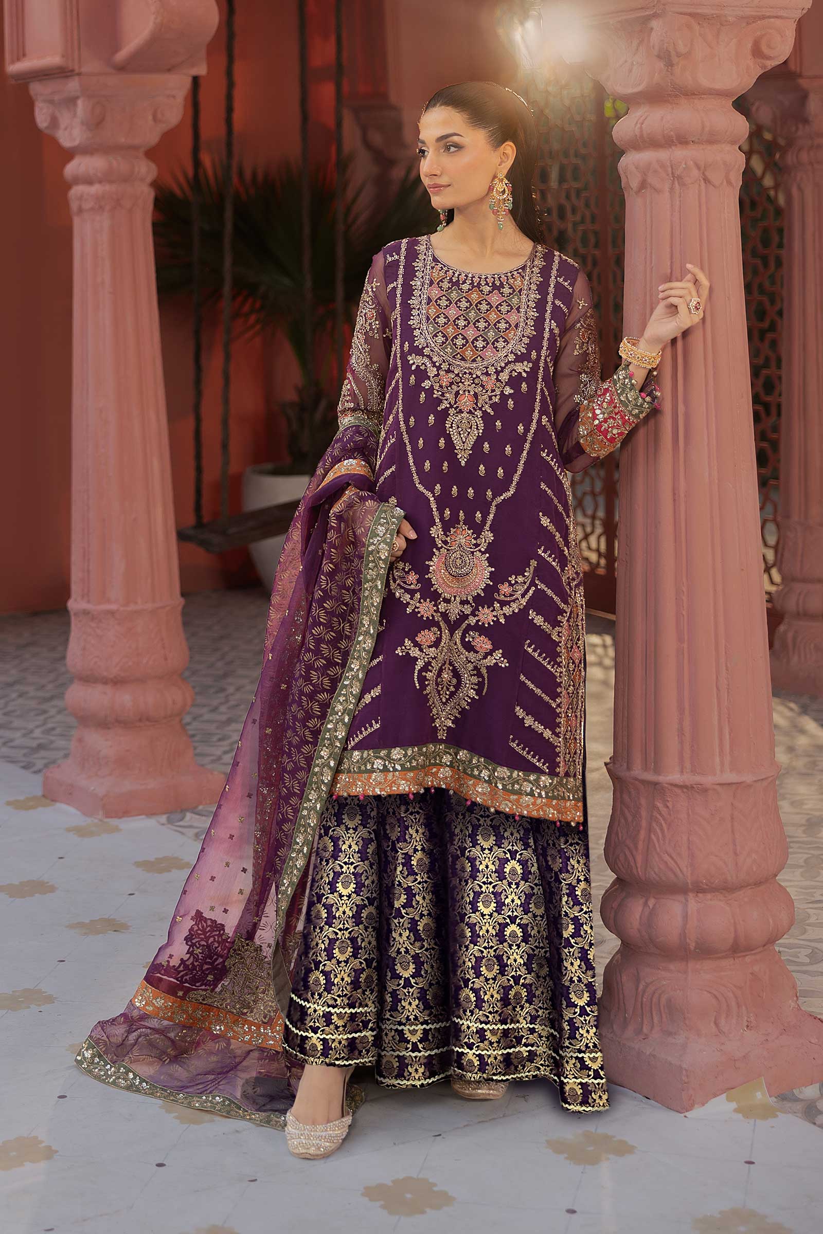 Pakistani Purple Embroidered Organza & Jamawar Sharara (3-Piece) - Image 1