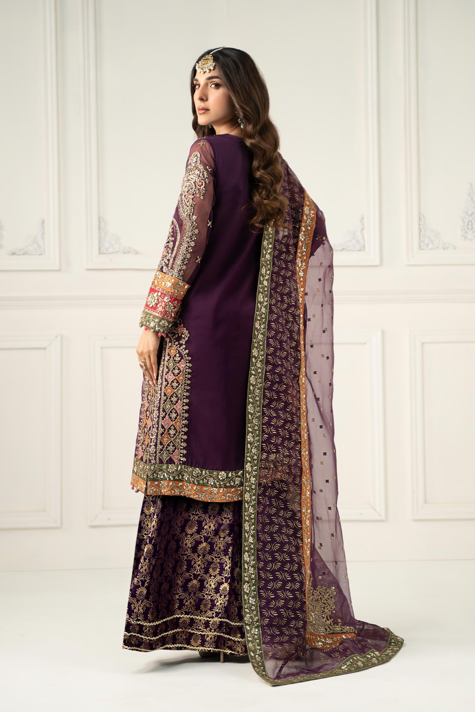 Pakistani Purple Embroidered Organza & Jamawar Sharara (3-Piece) - Image 10