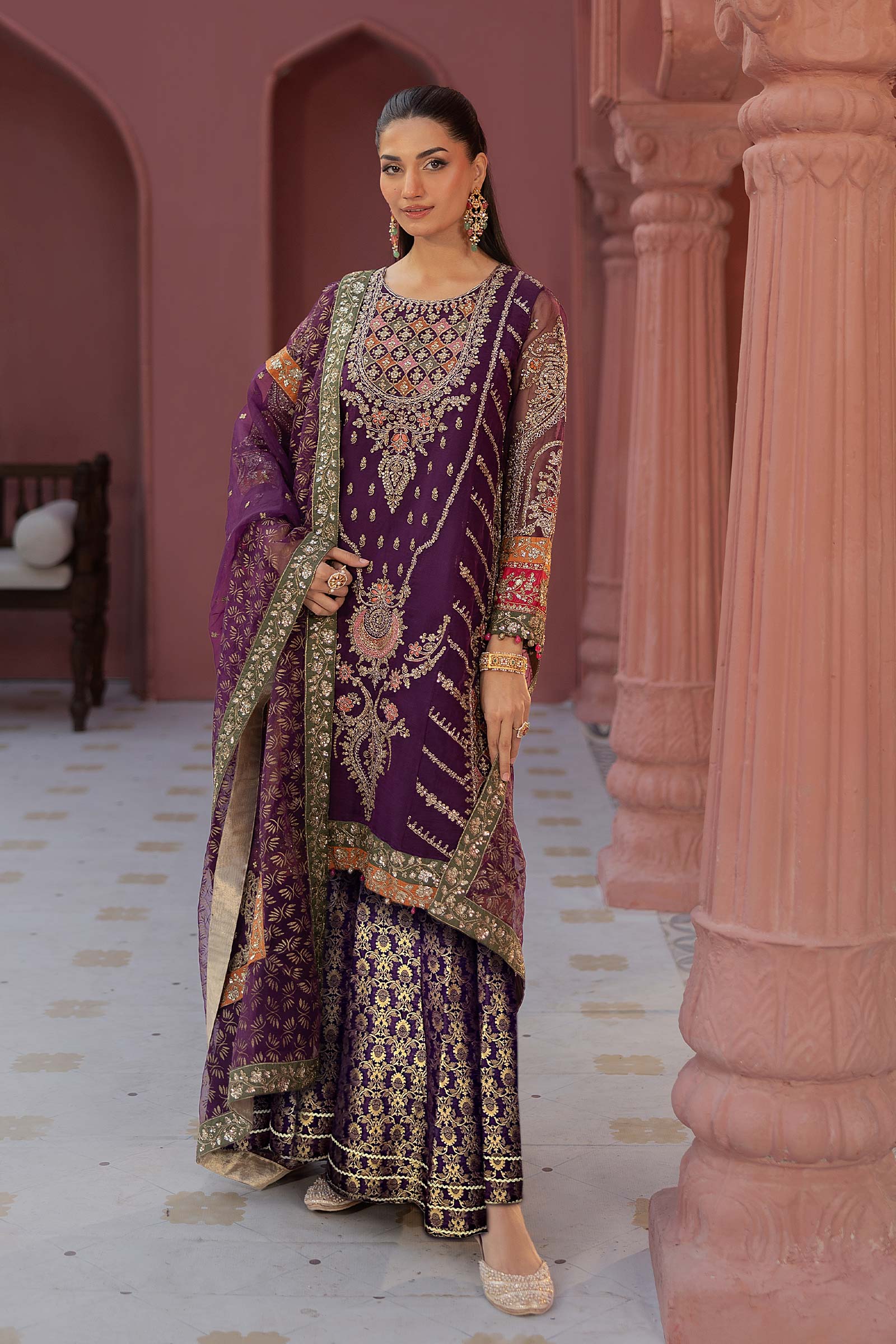 Pakistani Purple Embroidered Organza & Jamawar Sharara (3-Piece) - Image 11