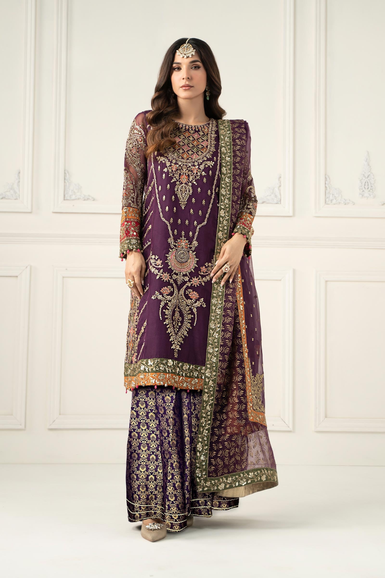 Pakistani Purple Embroidered Organza & Jamawar Sharara (3-Piece) - Image 12