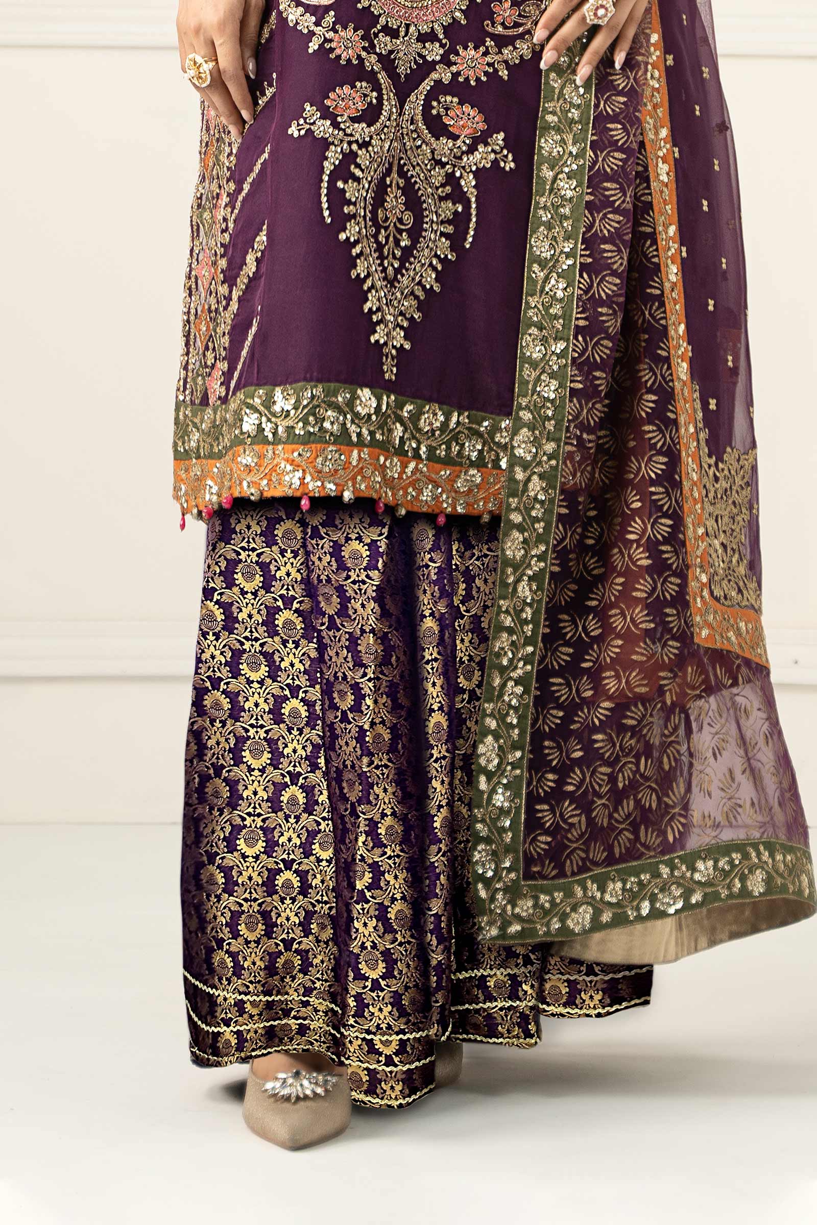 Pakistani Purple Embroidered Organza & Jamawar Sharara (3-Piece) - Image 4