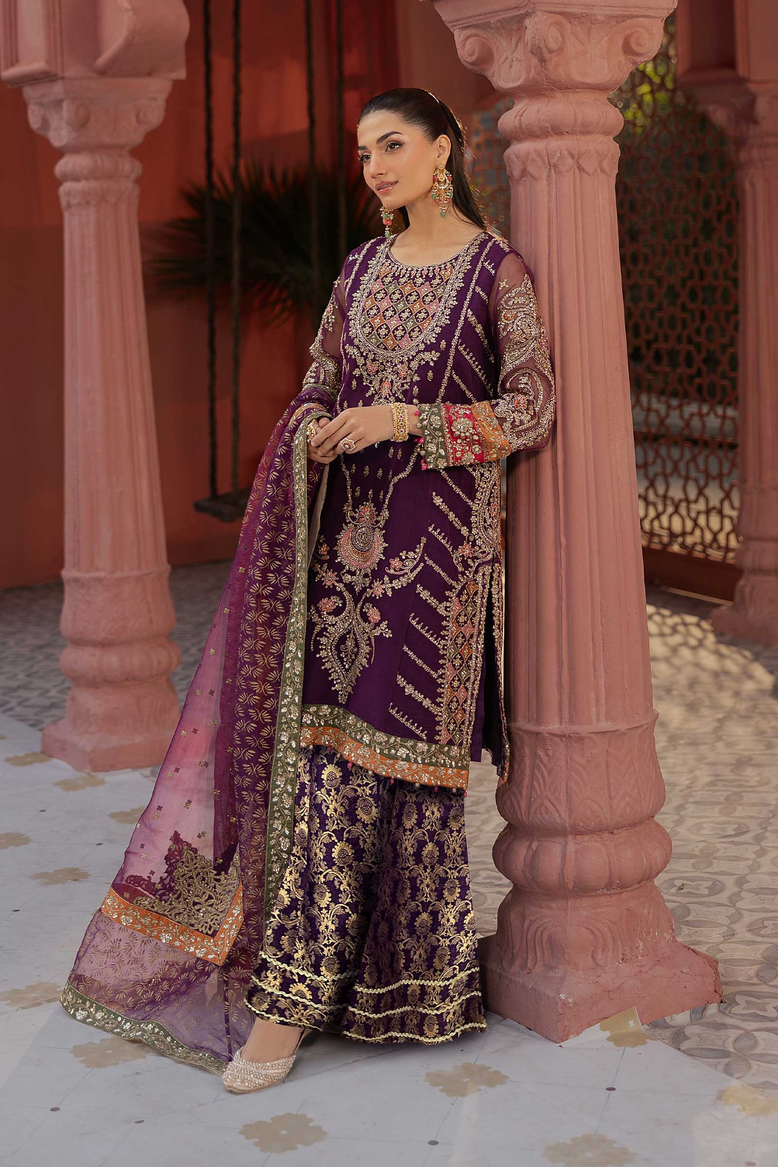 Pakistani Purple Embroidered Organza & Jamawar Sharara (3-Piece) - Image 5