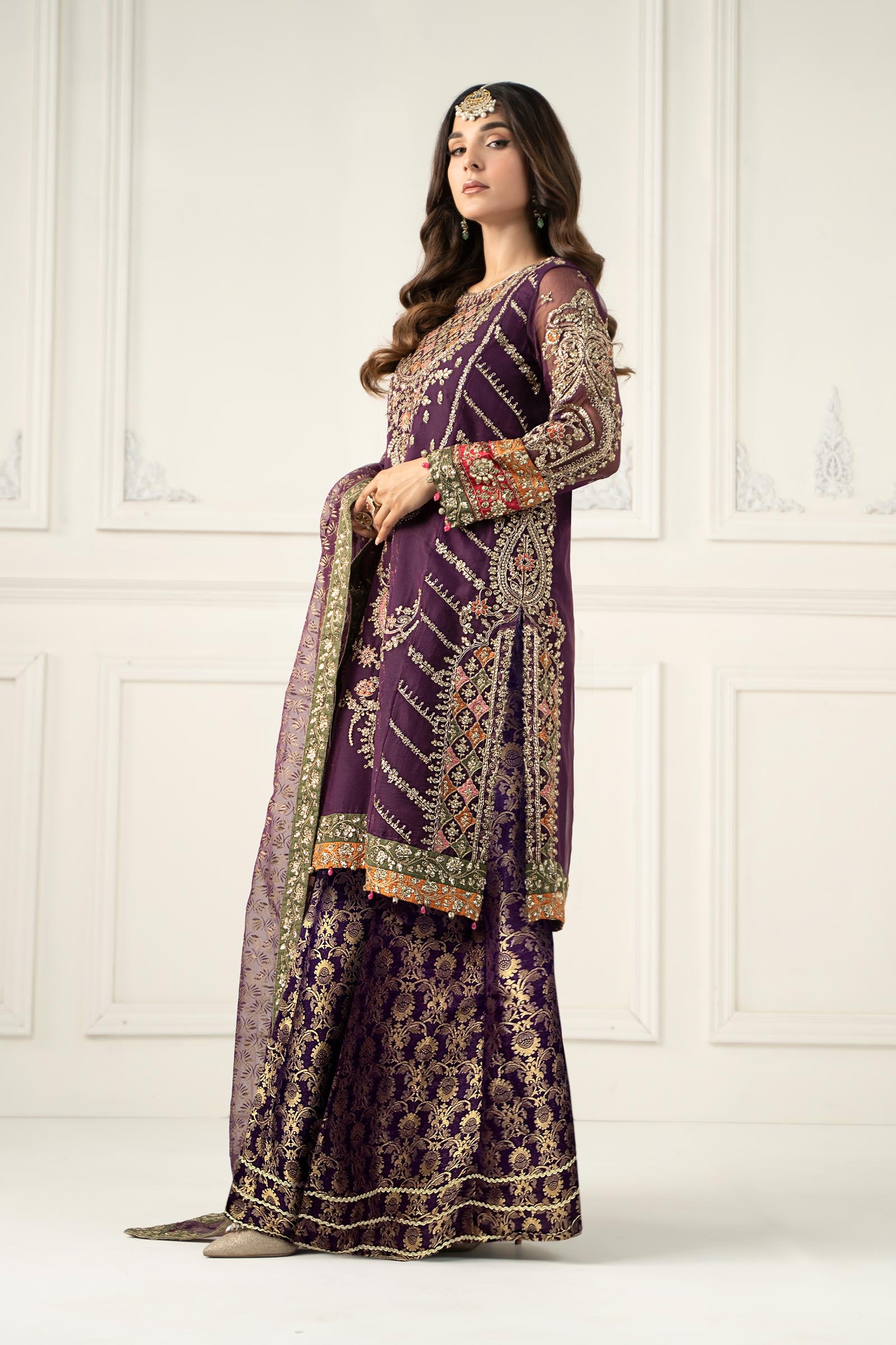 Pakistani Purple Embroidered Organza & Jamawar Sharara (3-Piece) - Image 6