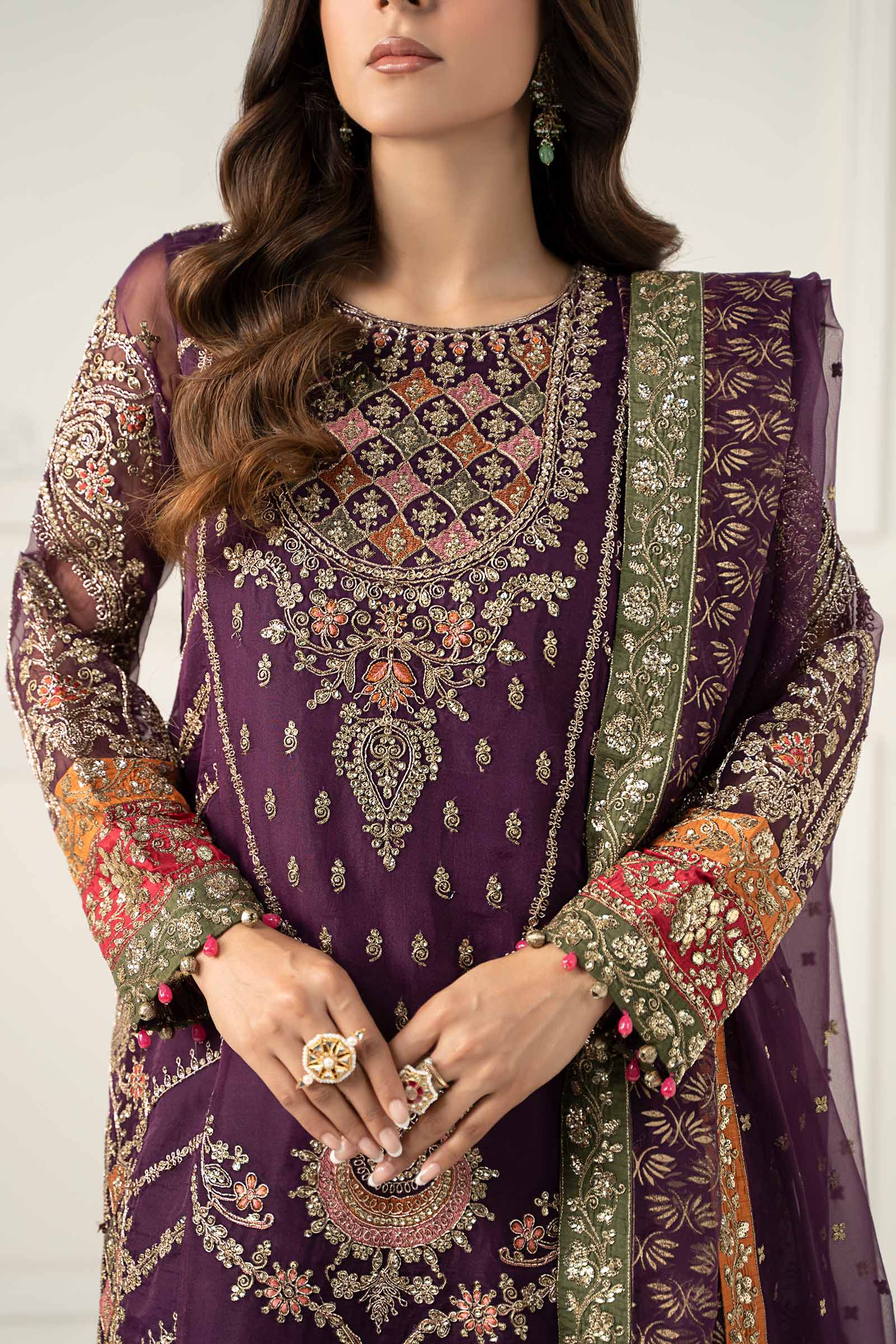 Pakistani Purple Embroidered Organza & Jamawar Sharara (3-Piece) - Image 7